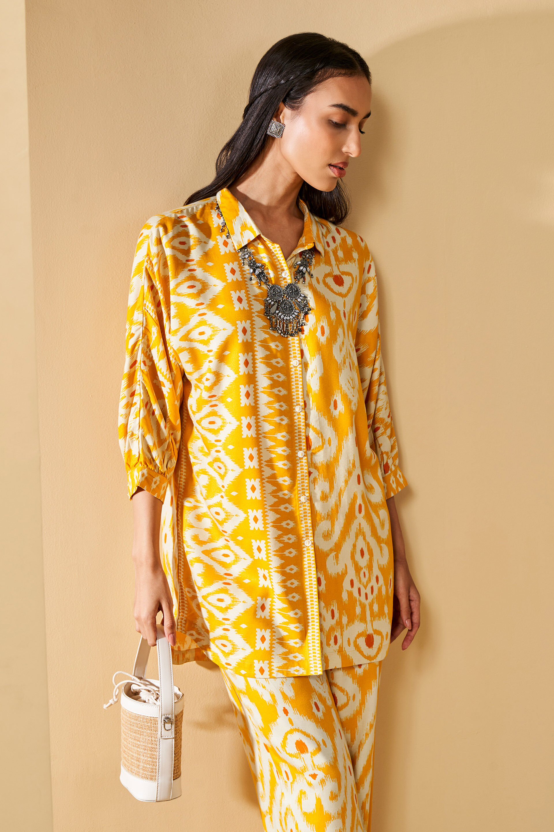 Ikat Inspired Yellow Kurta Set, Yellow, image 2