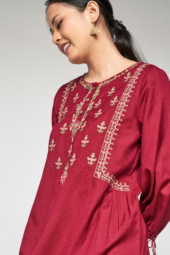 1 - Wine Embroidered A-Line Dress, image 1
