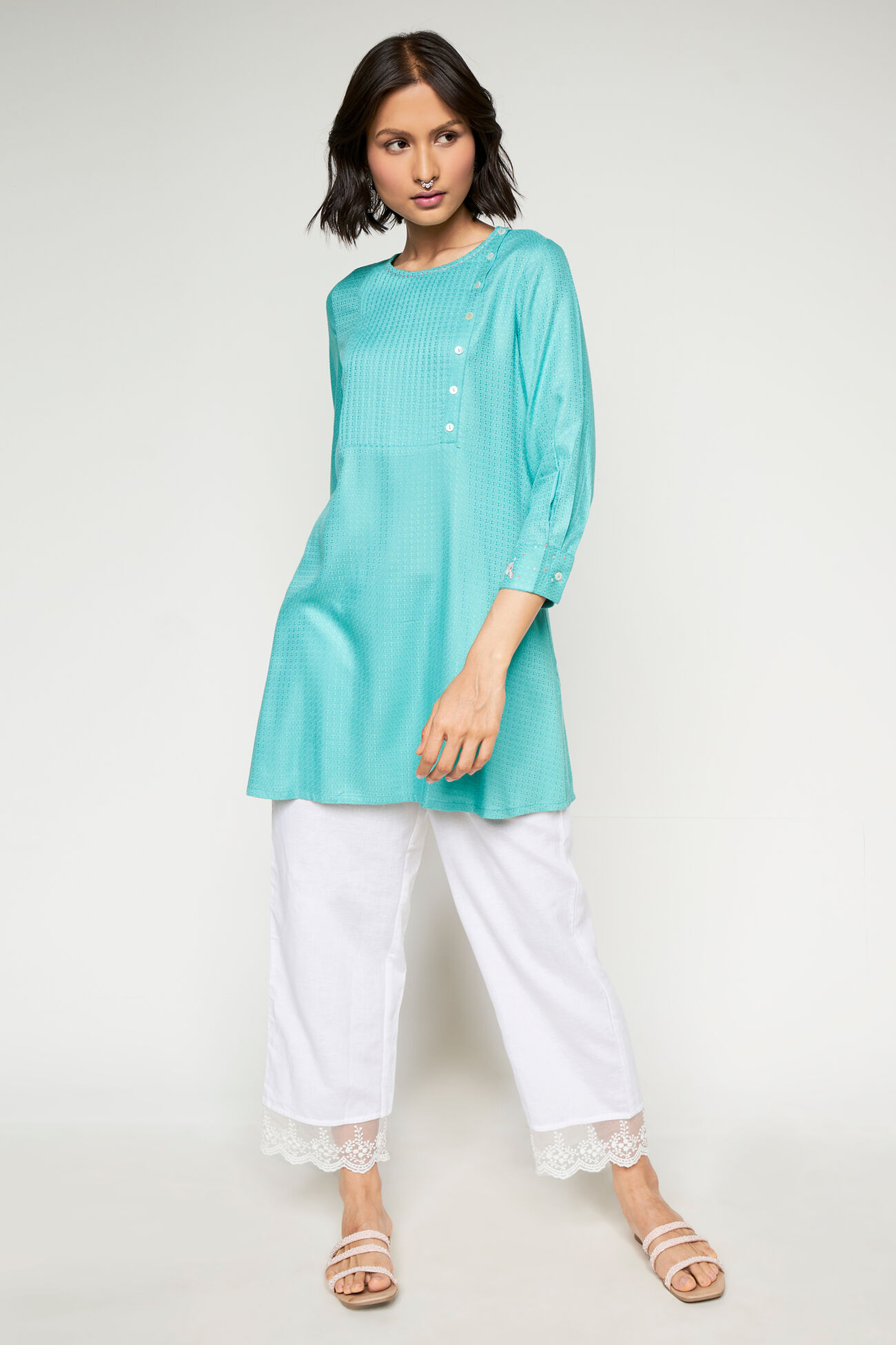 Green Solid Gathered Straight Tunic, Lime Green, image 1