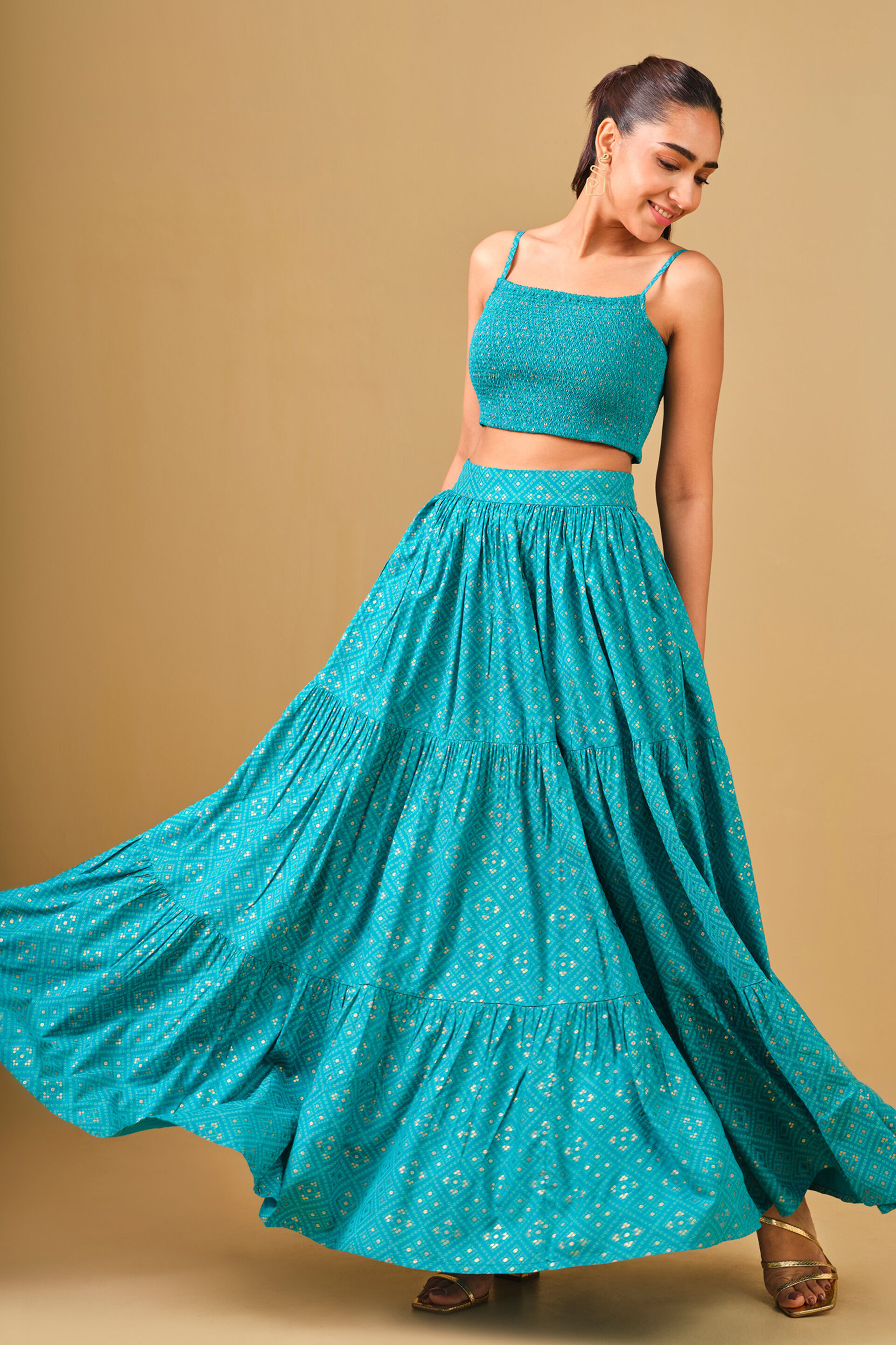 Bandhani Inspired Blue Viscose Skirt Set, Aqua, image 6