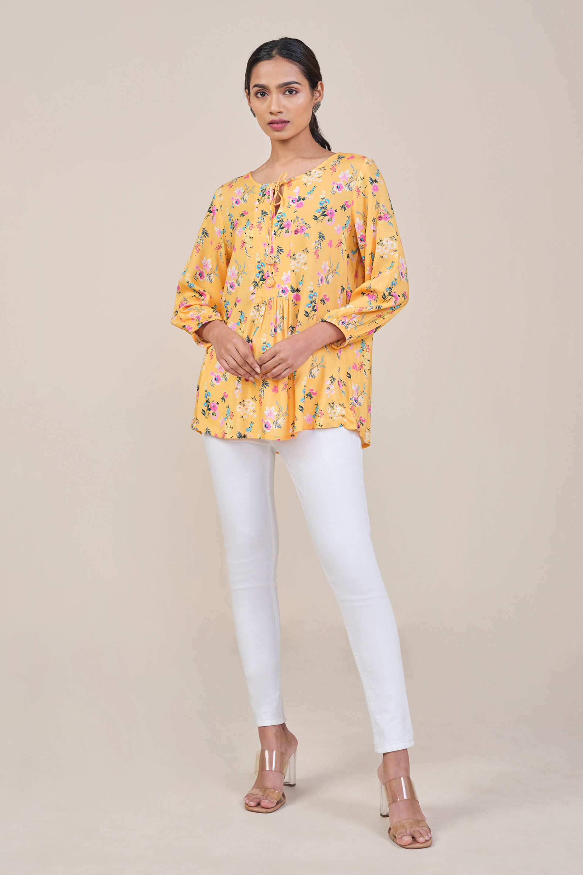 Yellow Floral Inspired Tie Up Top, Yellow, image 2