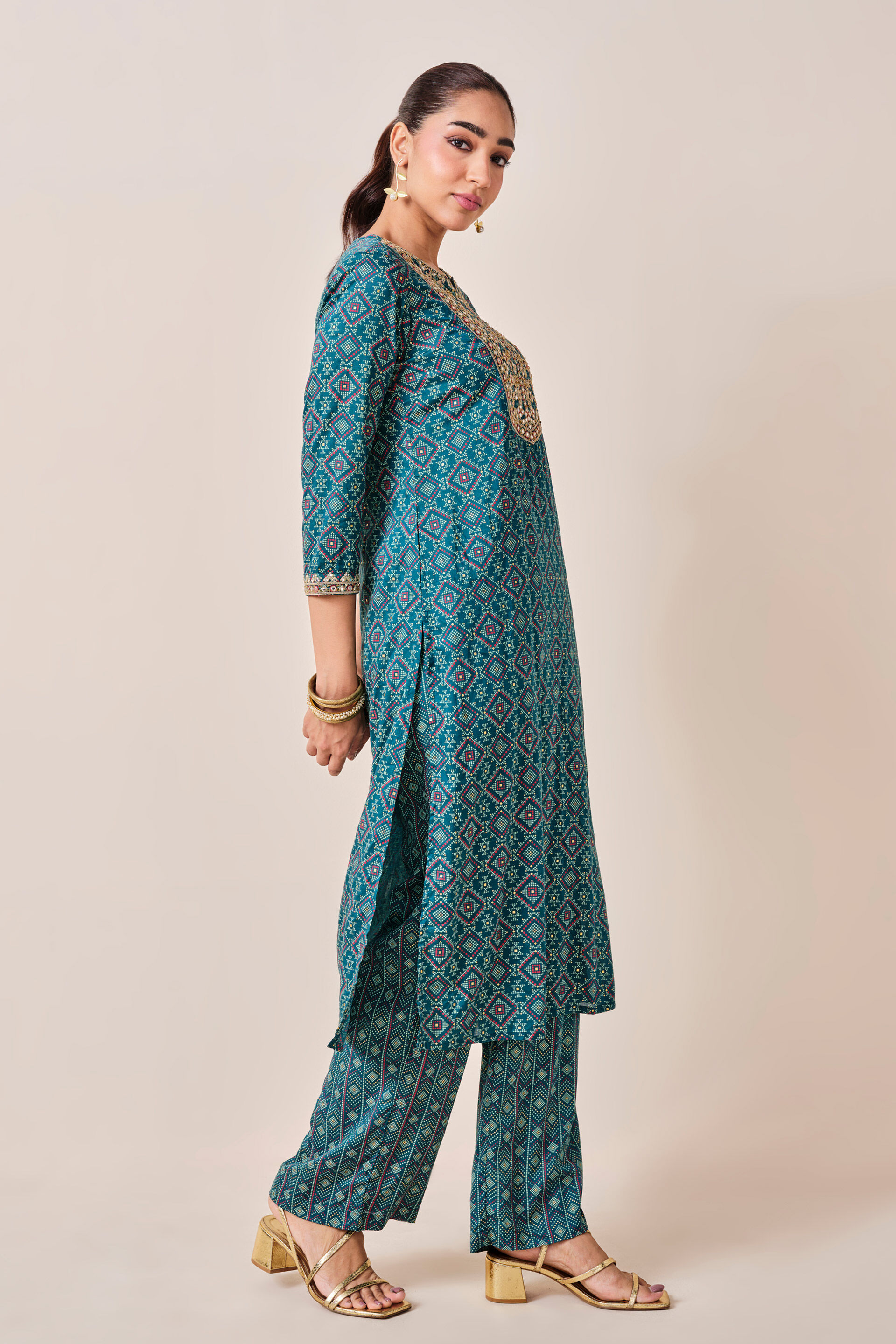 Teal Embroidered Viscose Kurta Set, Teal, image 8