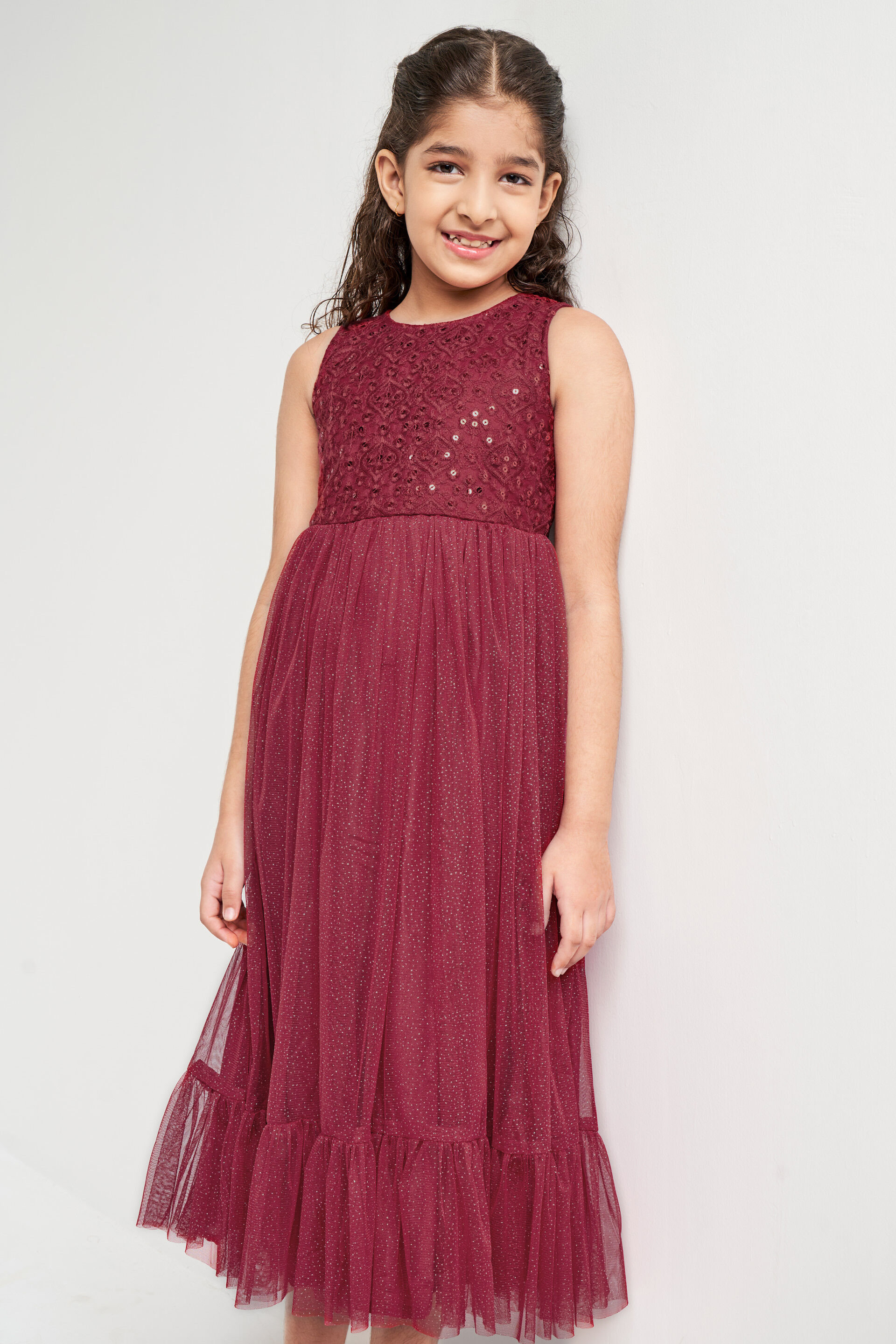 Red Solid Flounce Gown, Red, image 3