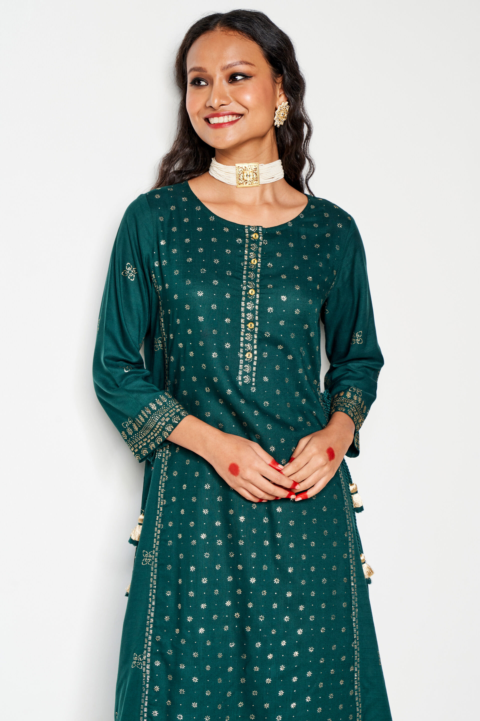 Green Ethnic Motifs Straight Kurta, Green, image 5