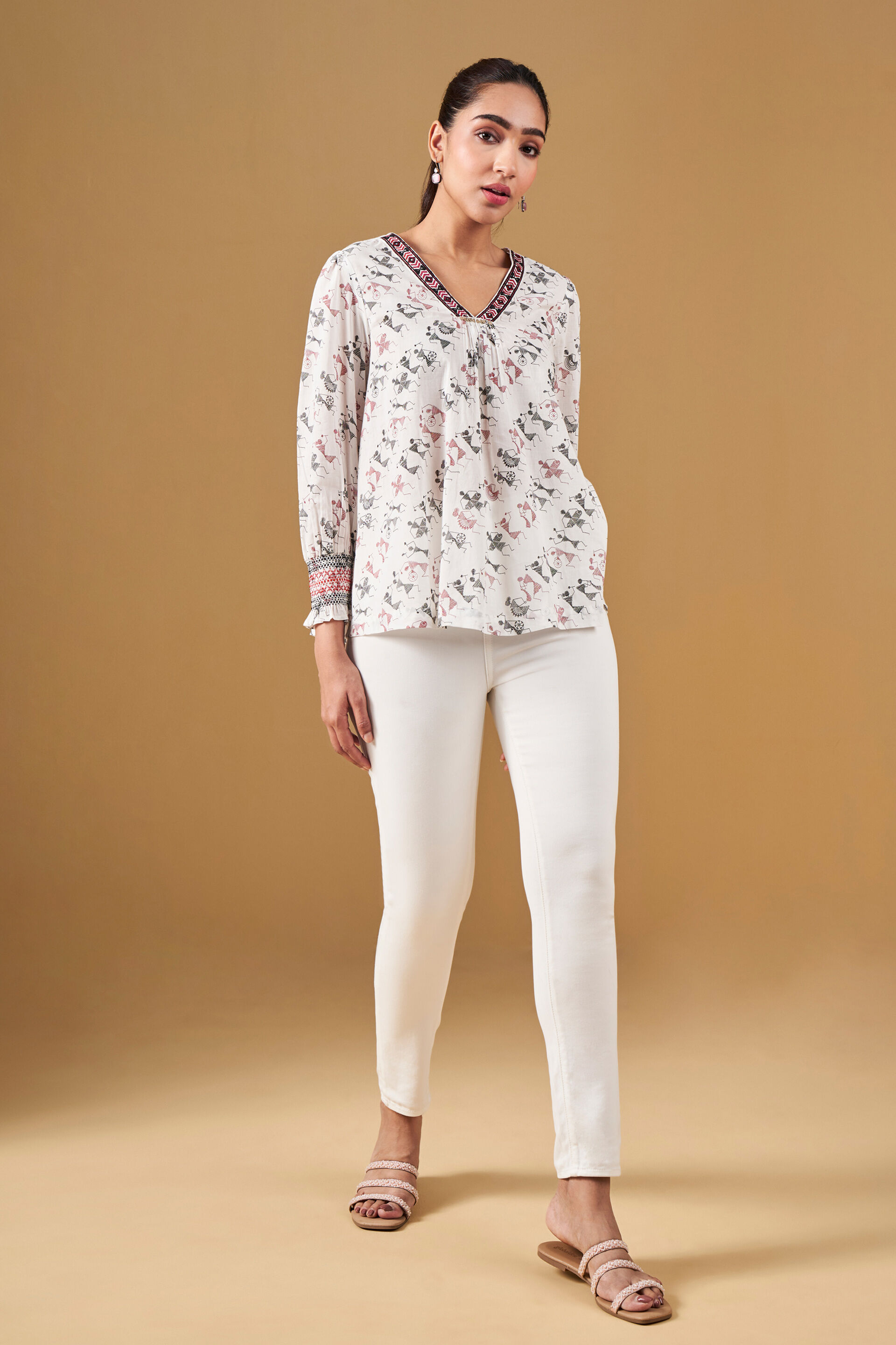 Warli Print Inspired Cotton Top, White, image 2