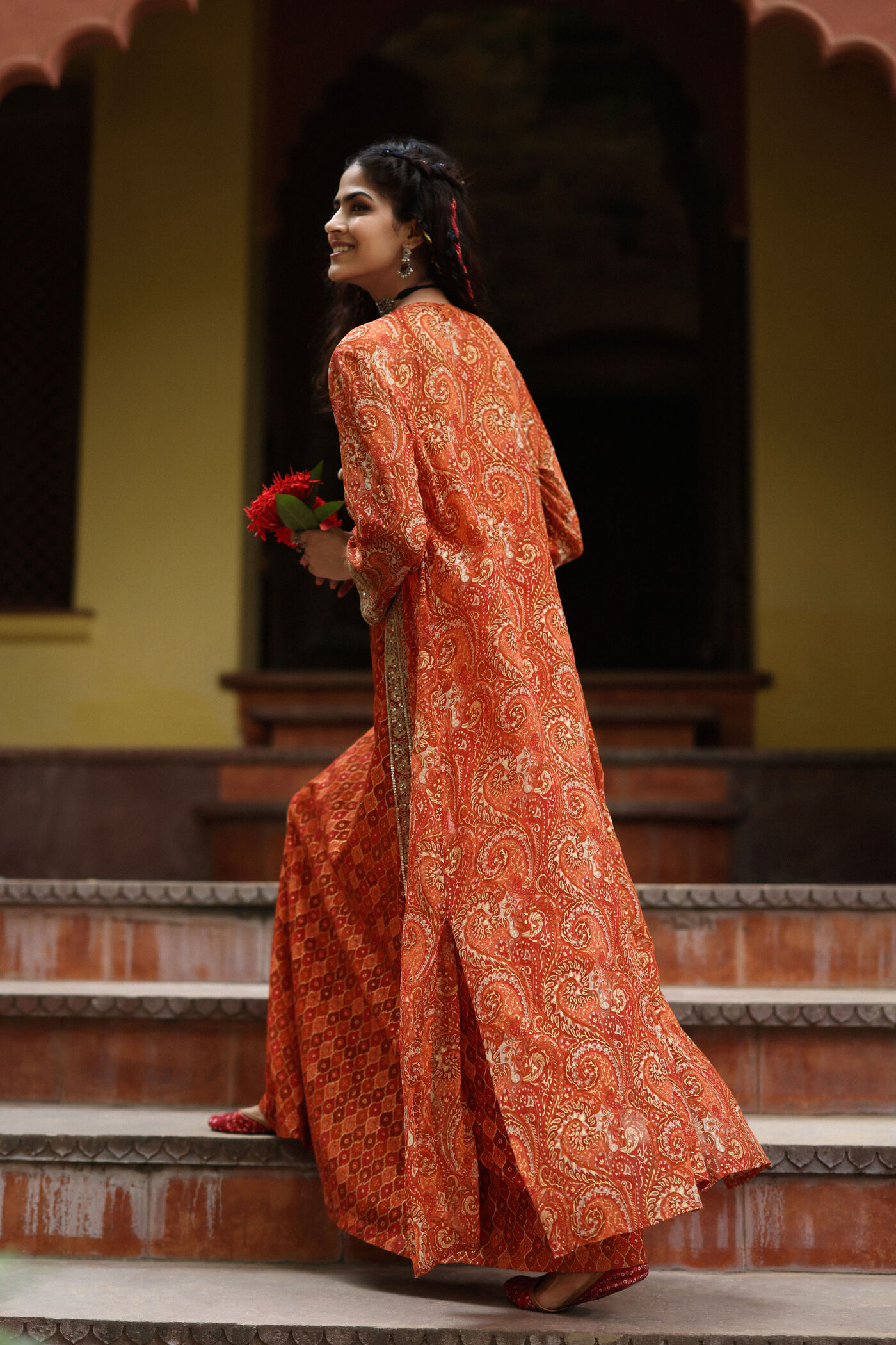 rust orange dress online india Rust Orange Ethnic Motif Printed Midi Dress