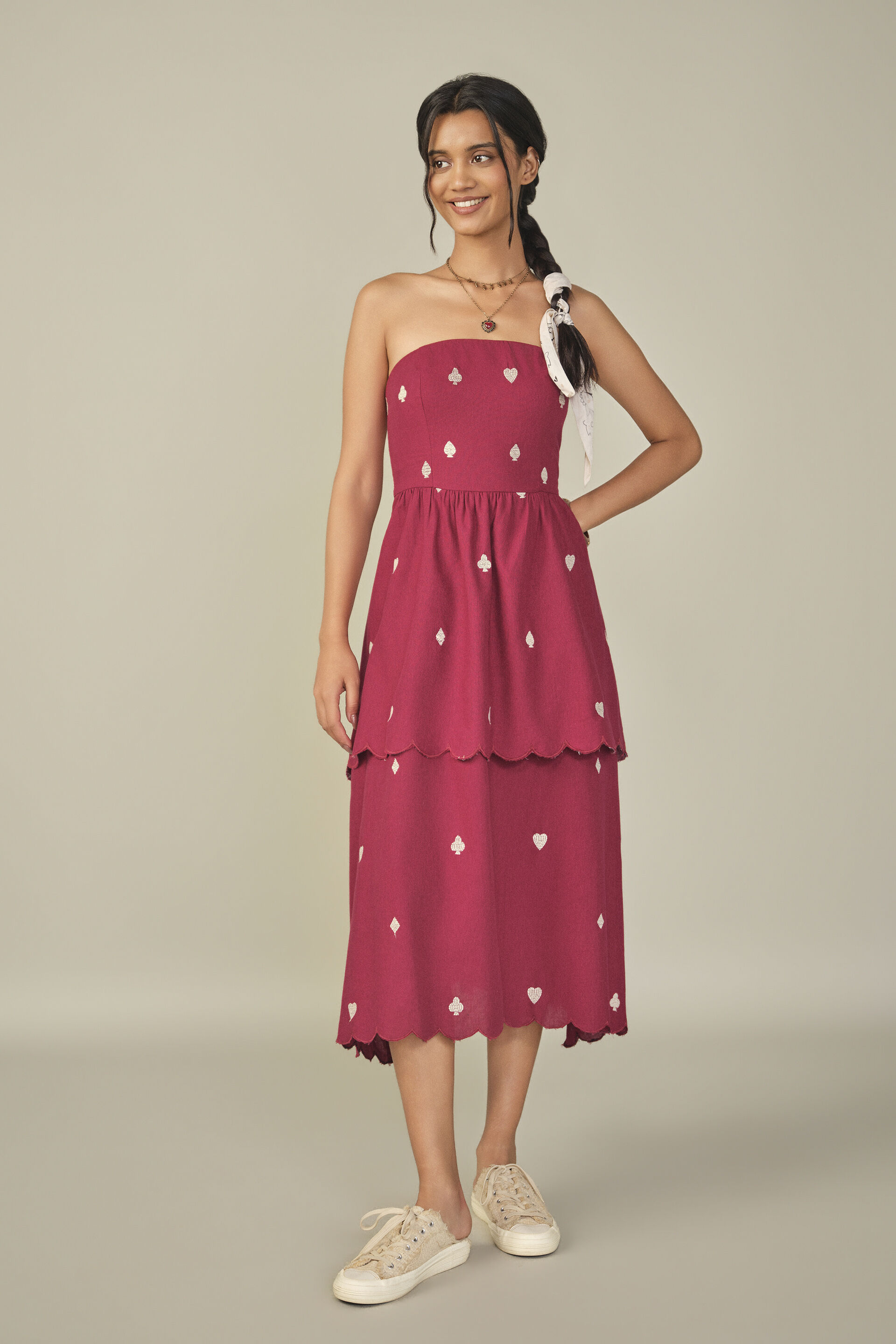 Embroidered Bandeau Midi Dress in Red