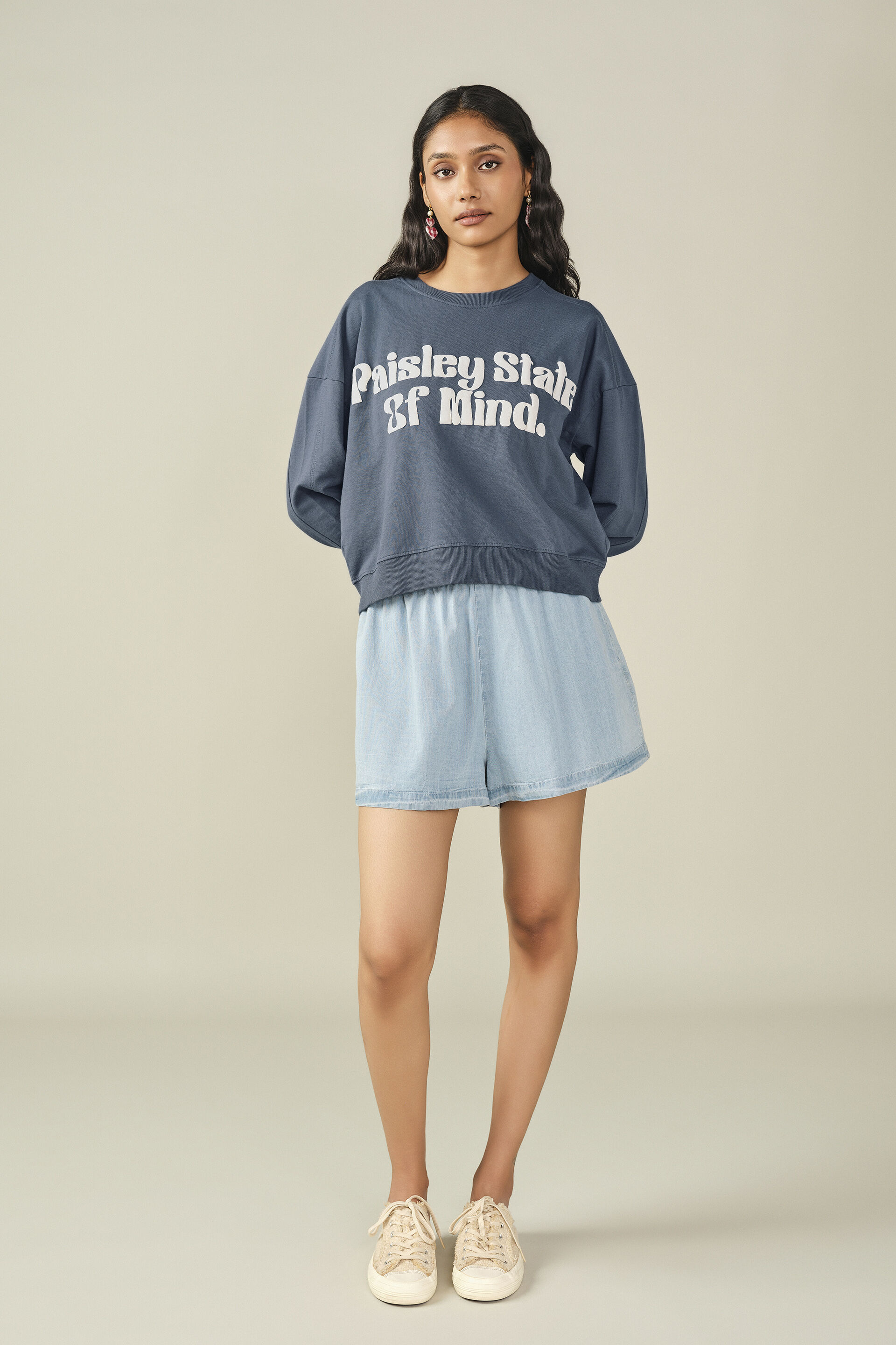 Printed Sweatshirt in Indigo, Blue, image 3