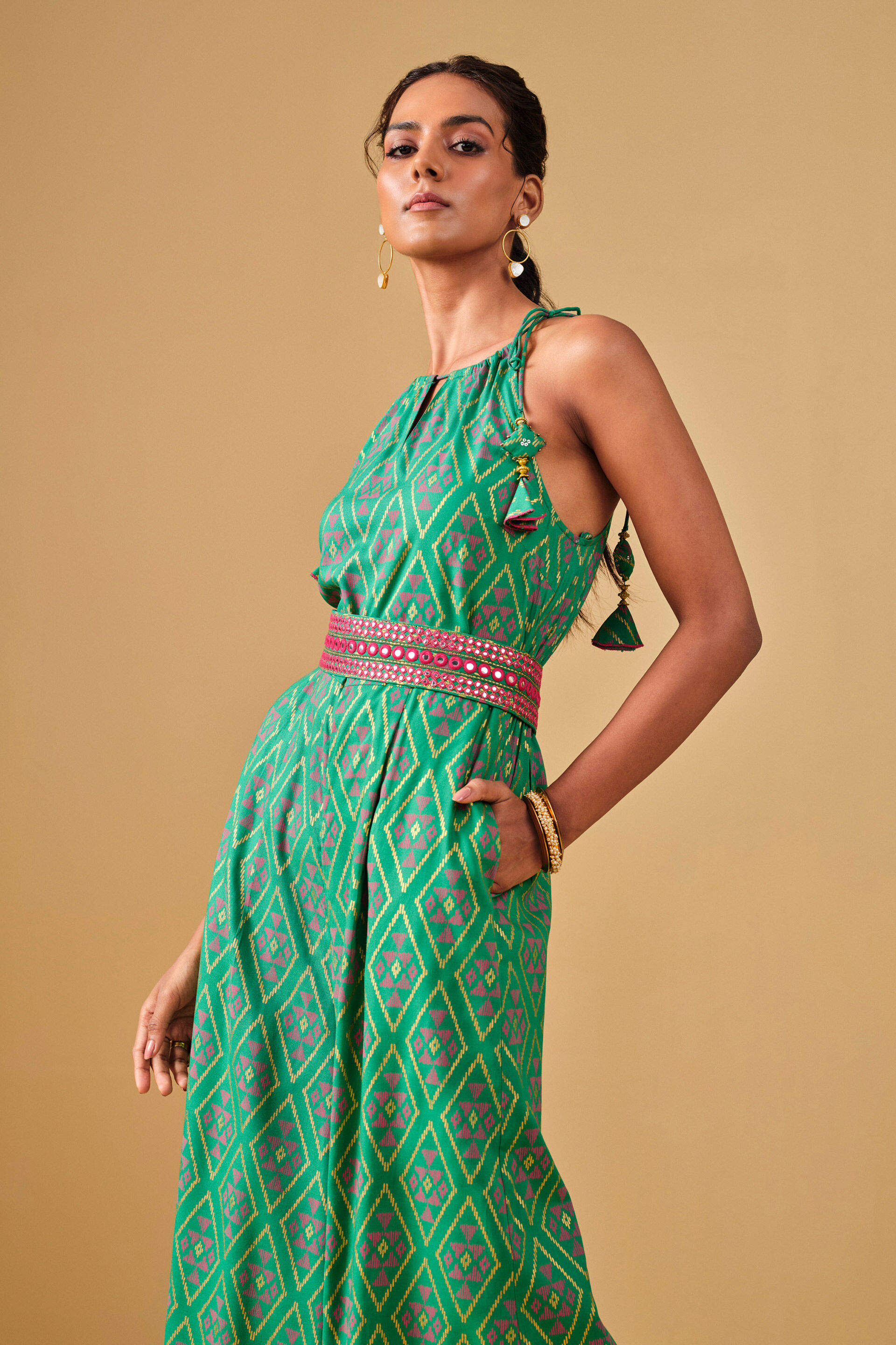 Festive Green Geometric Printed Viscose Jumpsuit, Green, image 6