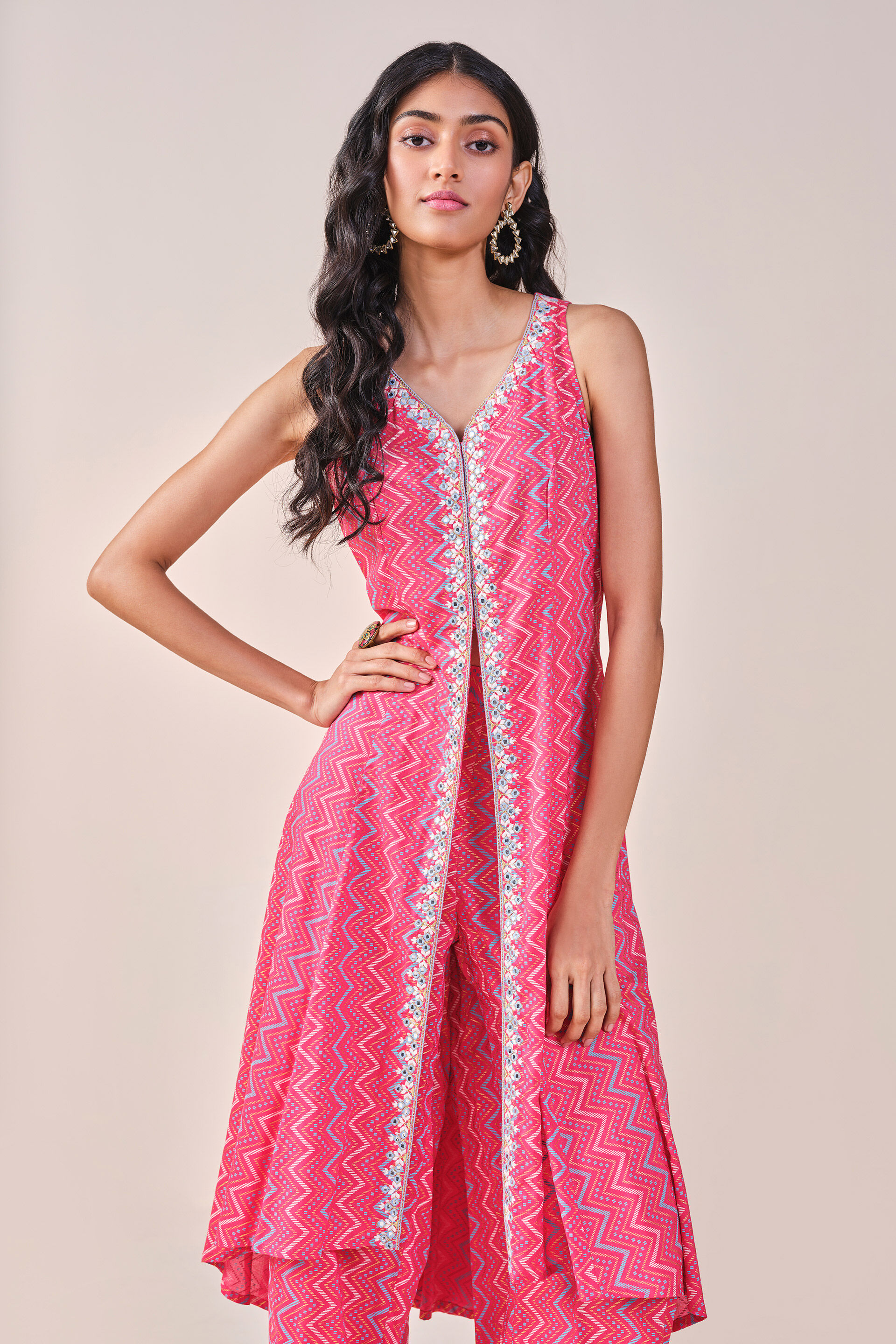 Pink Chevron Print Viscose Kurta Set, Pink, image 13