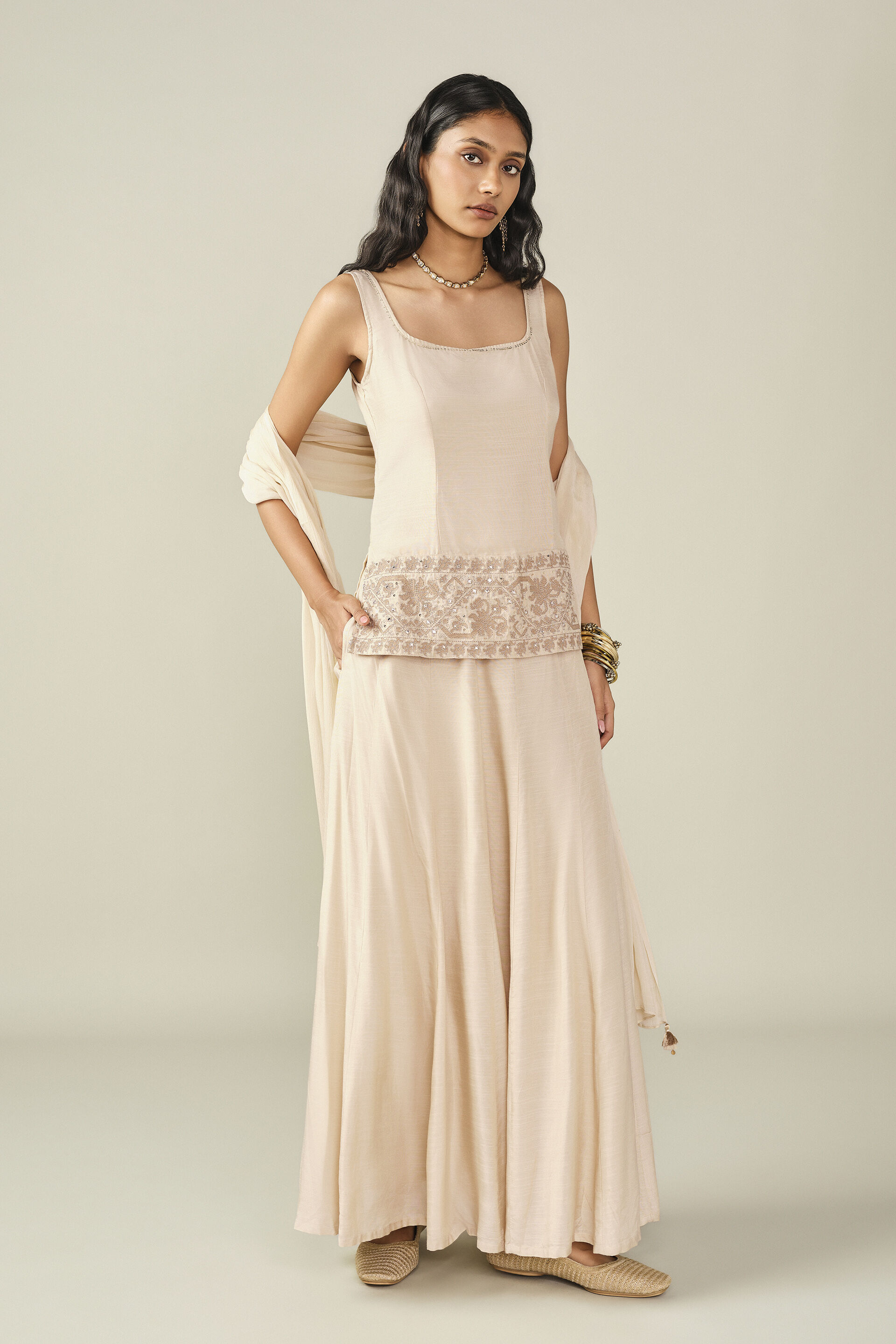 Embroidered Skirt Set in Beige