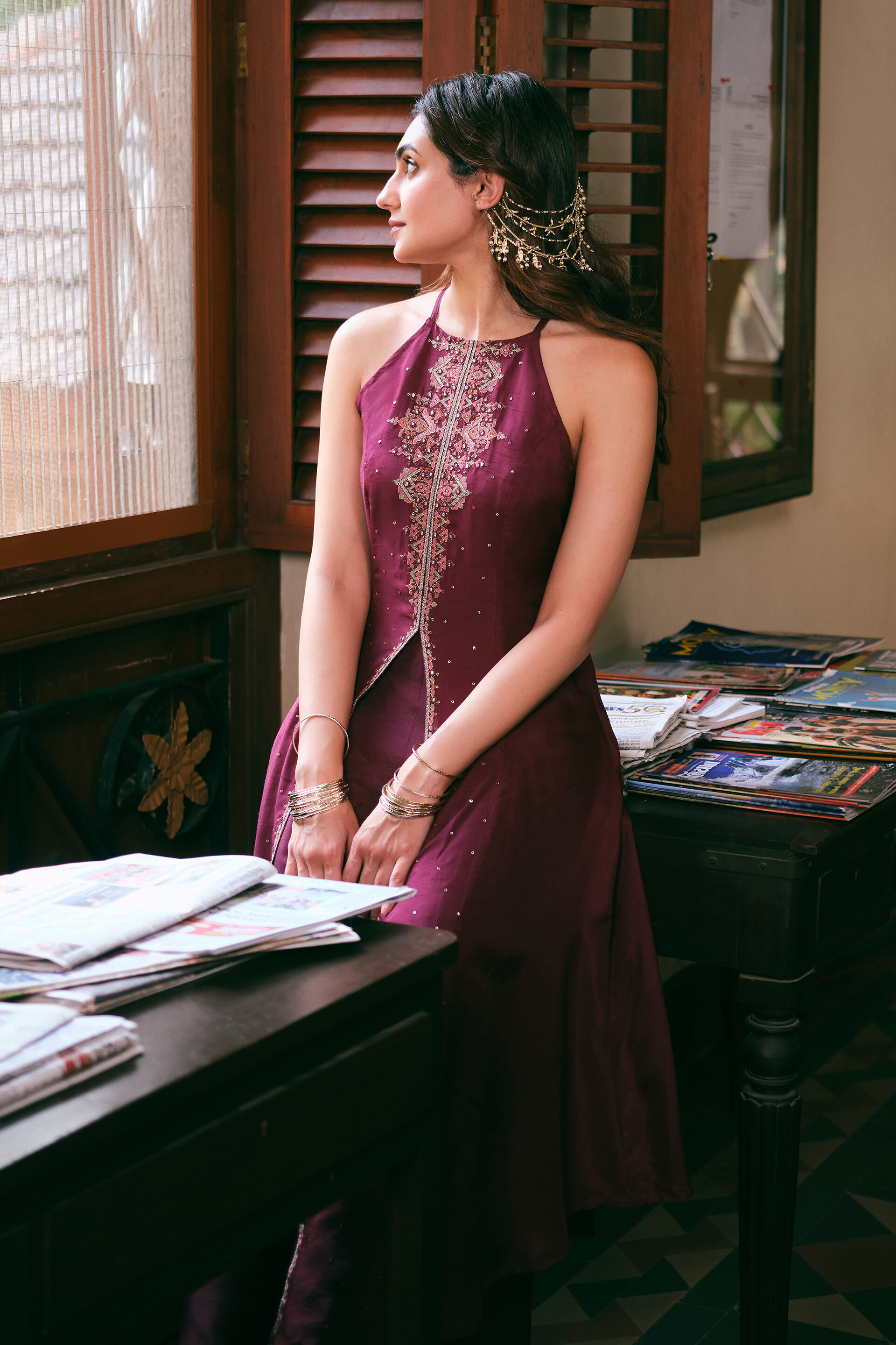 Solid A-line Kurta Set in Wine, Wine, image 3