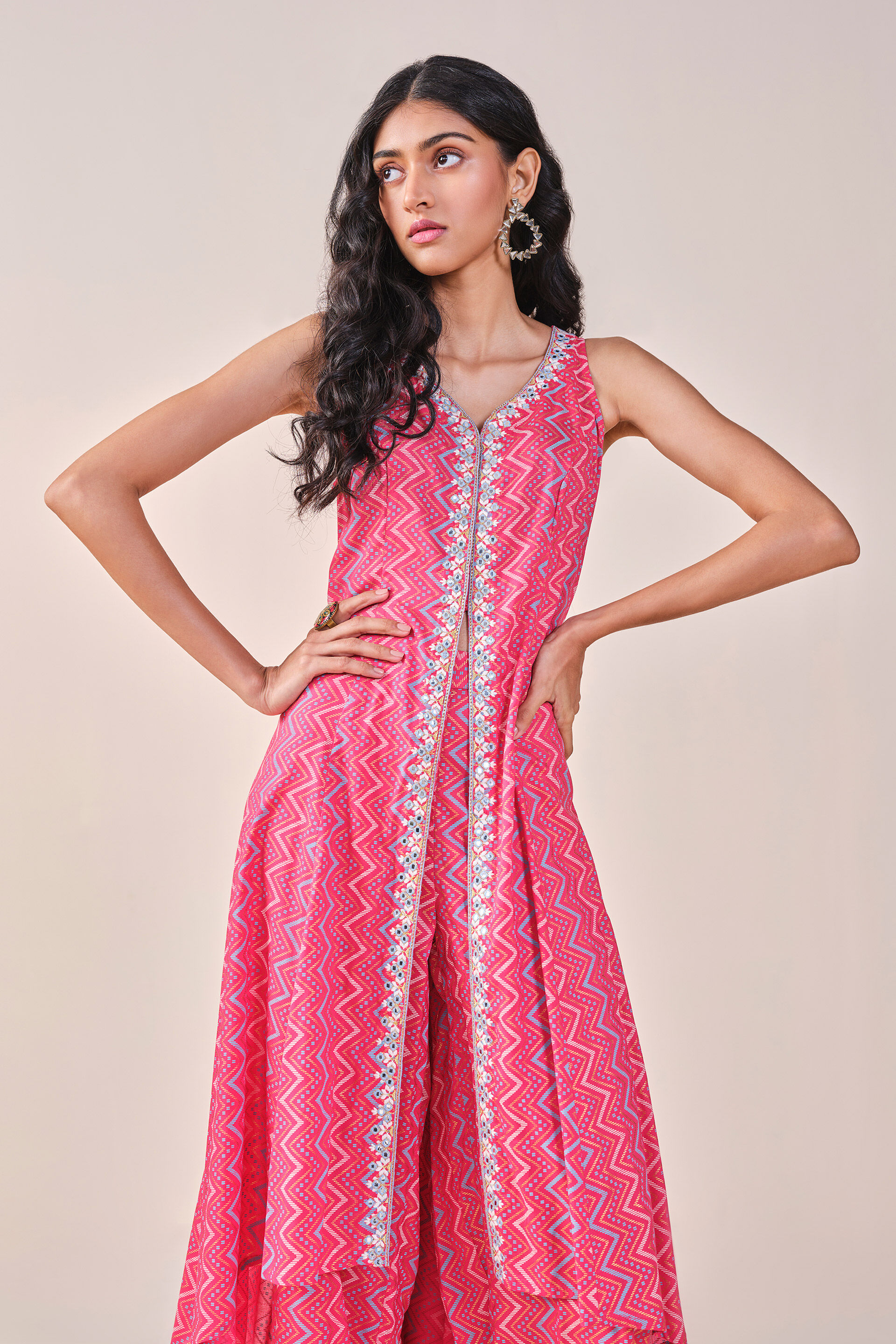 Pink Chevron Print Viscose Kurta Set, Pink, image 11