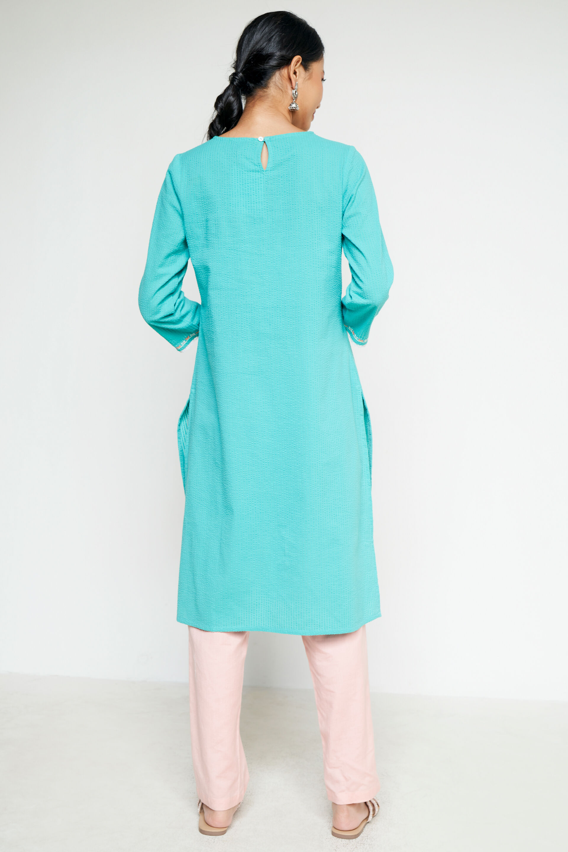 Aqua Solid Embroidered Straight Kurta, Aqua, image 4