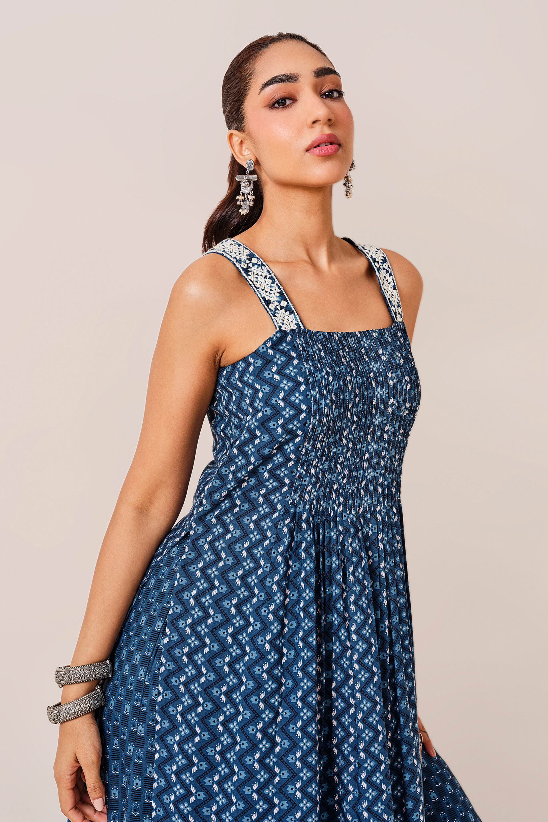 Indigo Chevron Print Viscose Kurta, Indigo, image 3