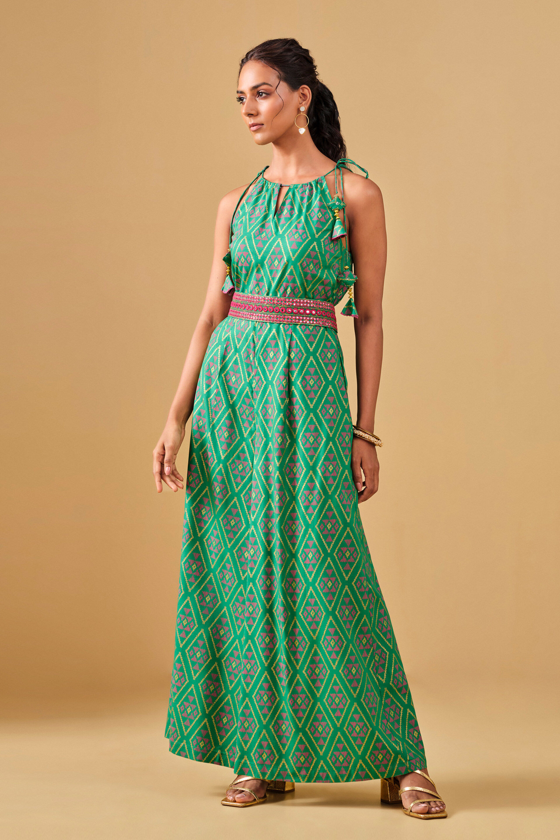 Festive Green Geometric Printed Viscose Jumpsuit, Green, image 4