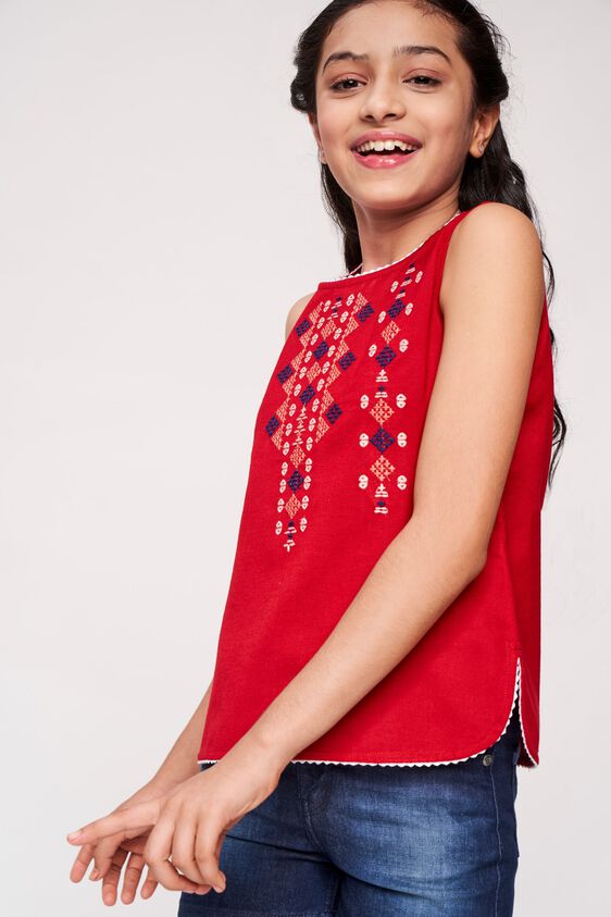 4 - Red Solid Embroidered A-Line Top, image 4