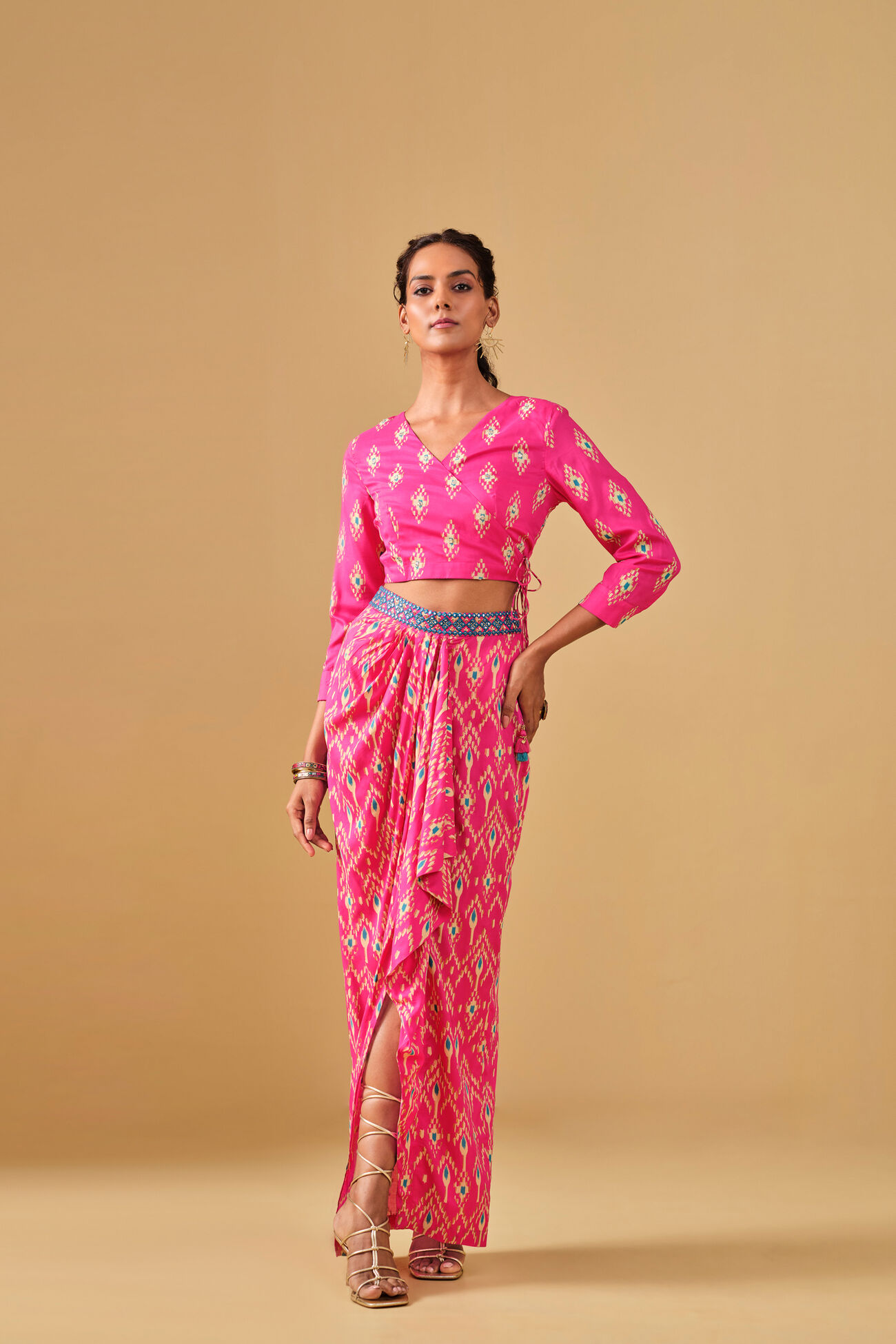 Ikat Inspired Pink Viscose Skirt Set, Pink, image 3