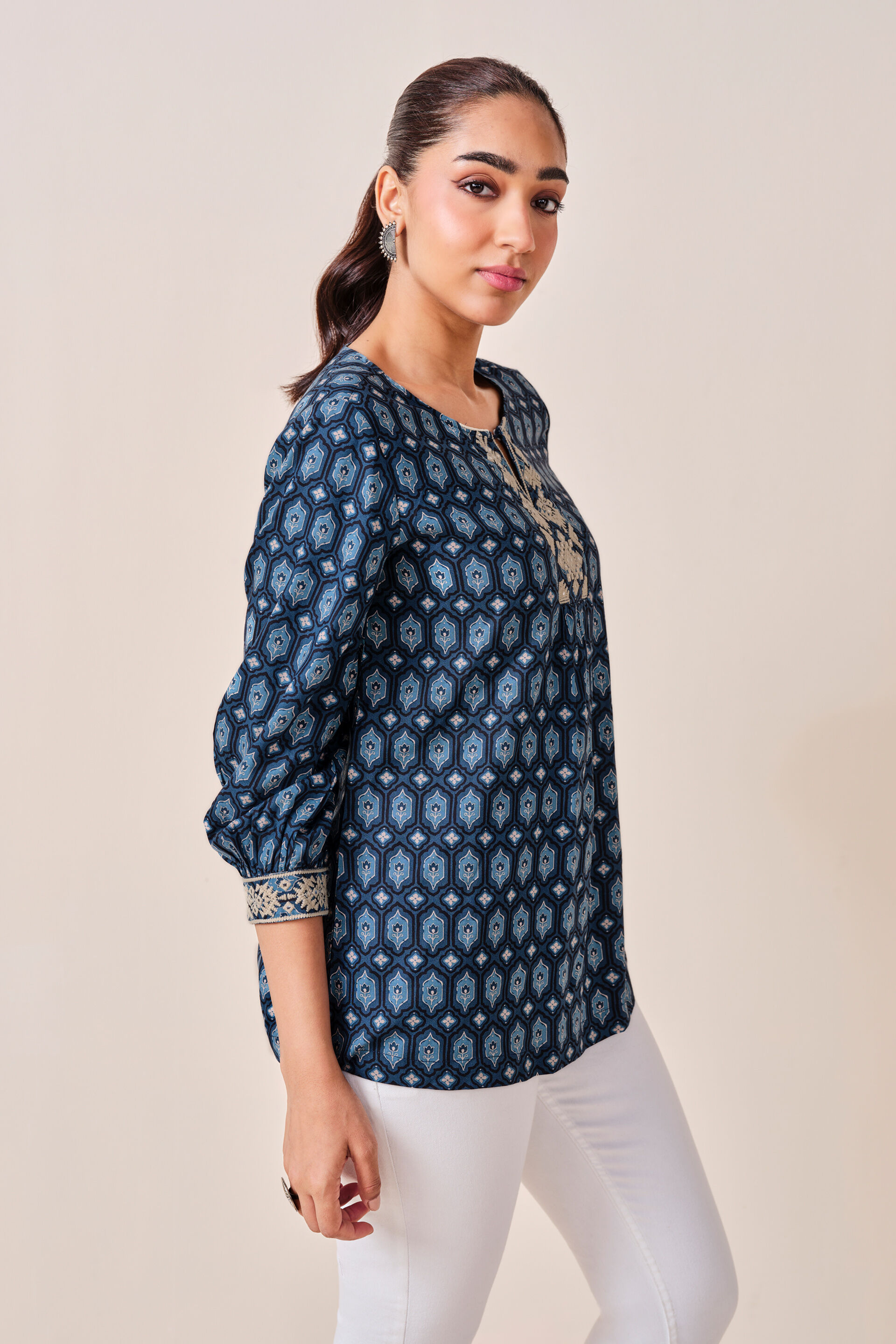 Indigo Floral Print Viscose Top, Indigo, image 2