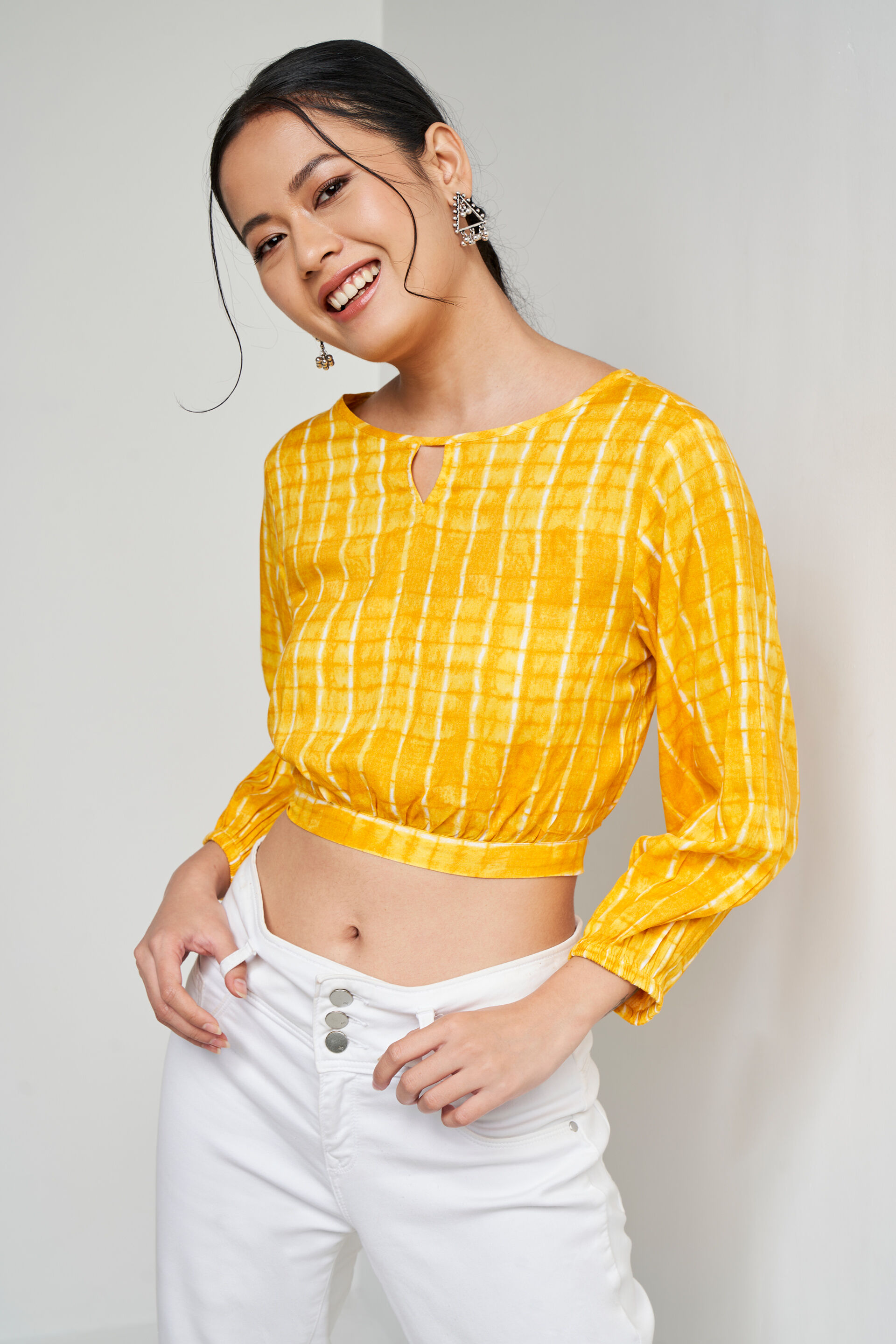 Buy Mustard Stripes Curved Top Online at Best Price at Global Desi