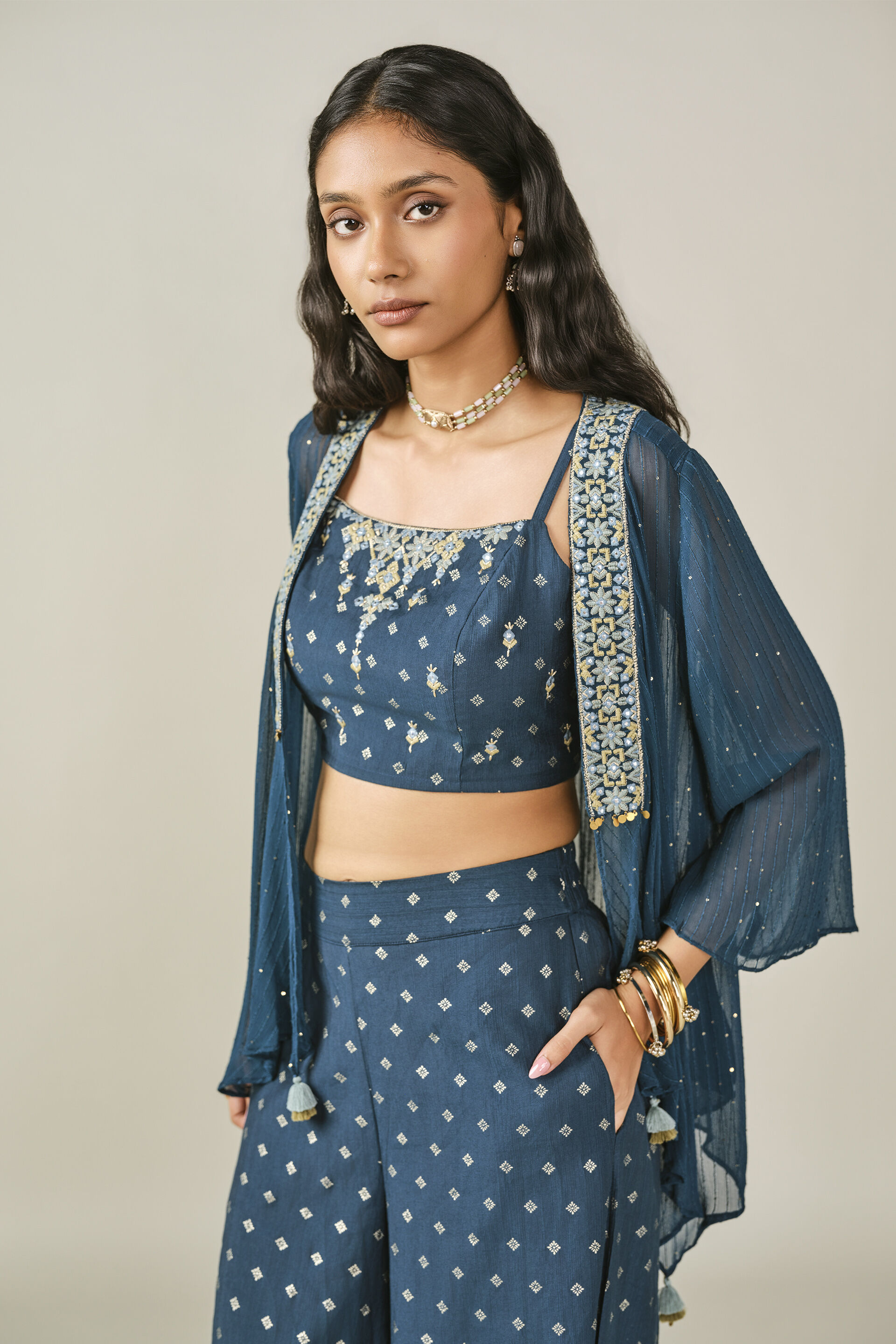 Embroidered Shrug Set in Teal, Teal, image 2