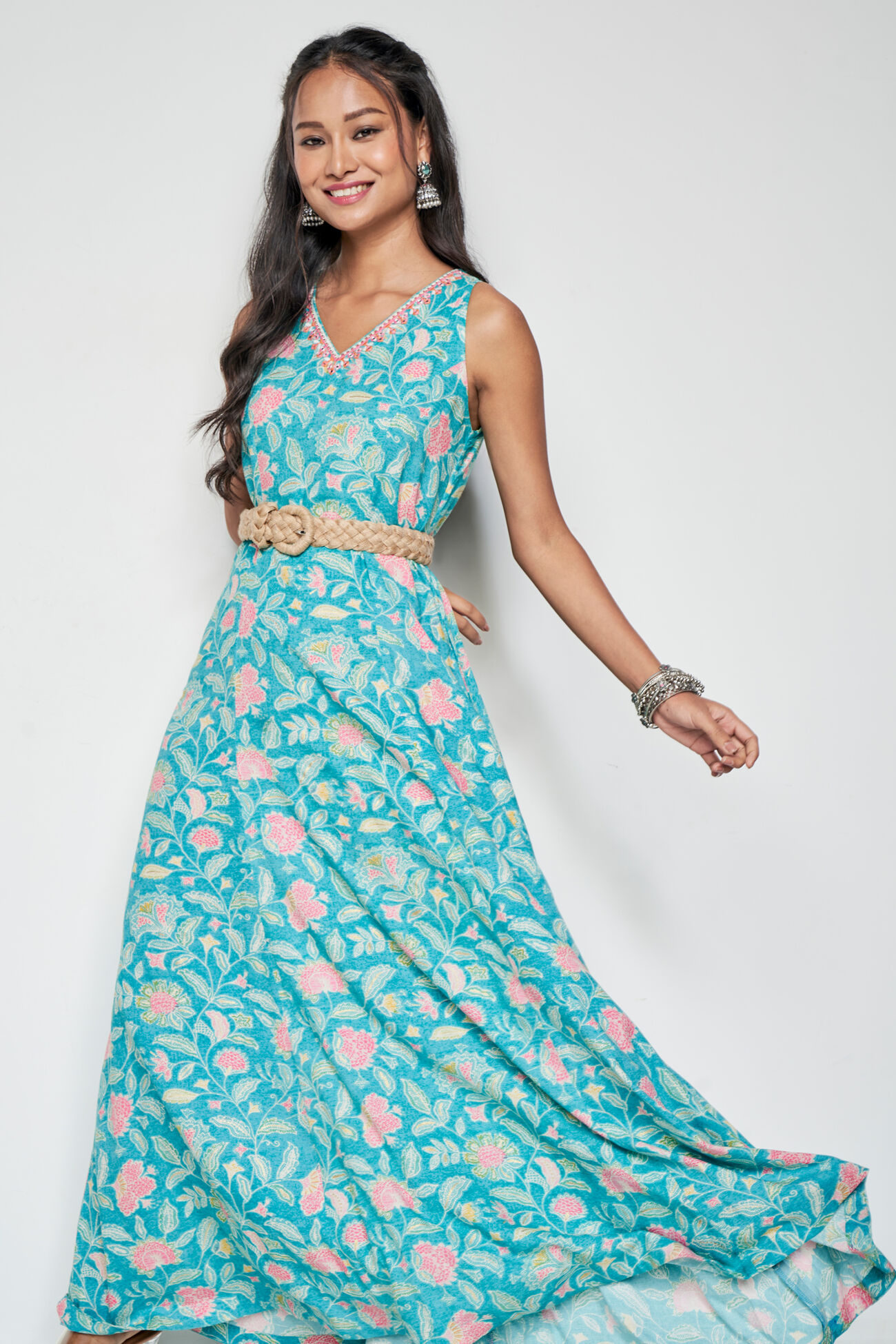 Buy our Aqua Floral Flared Maxi online from globaldesi.in SC- FW23GA185MXRY