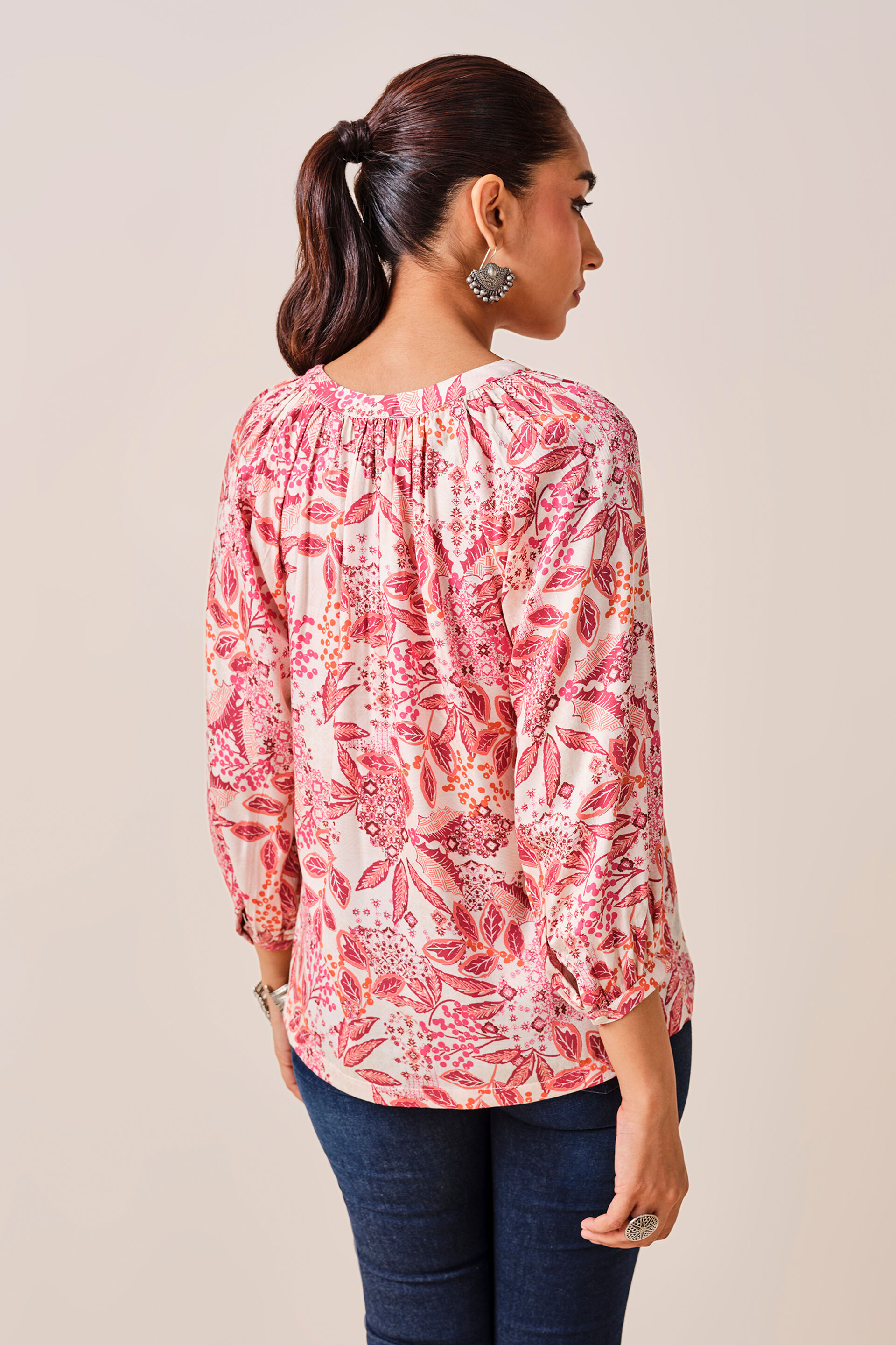 Coral Floral Print Viscose Top, Coral, image 5