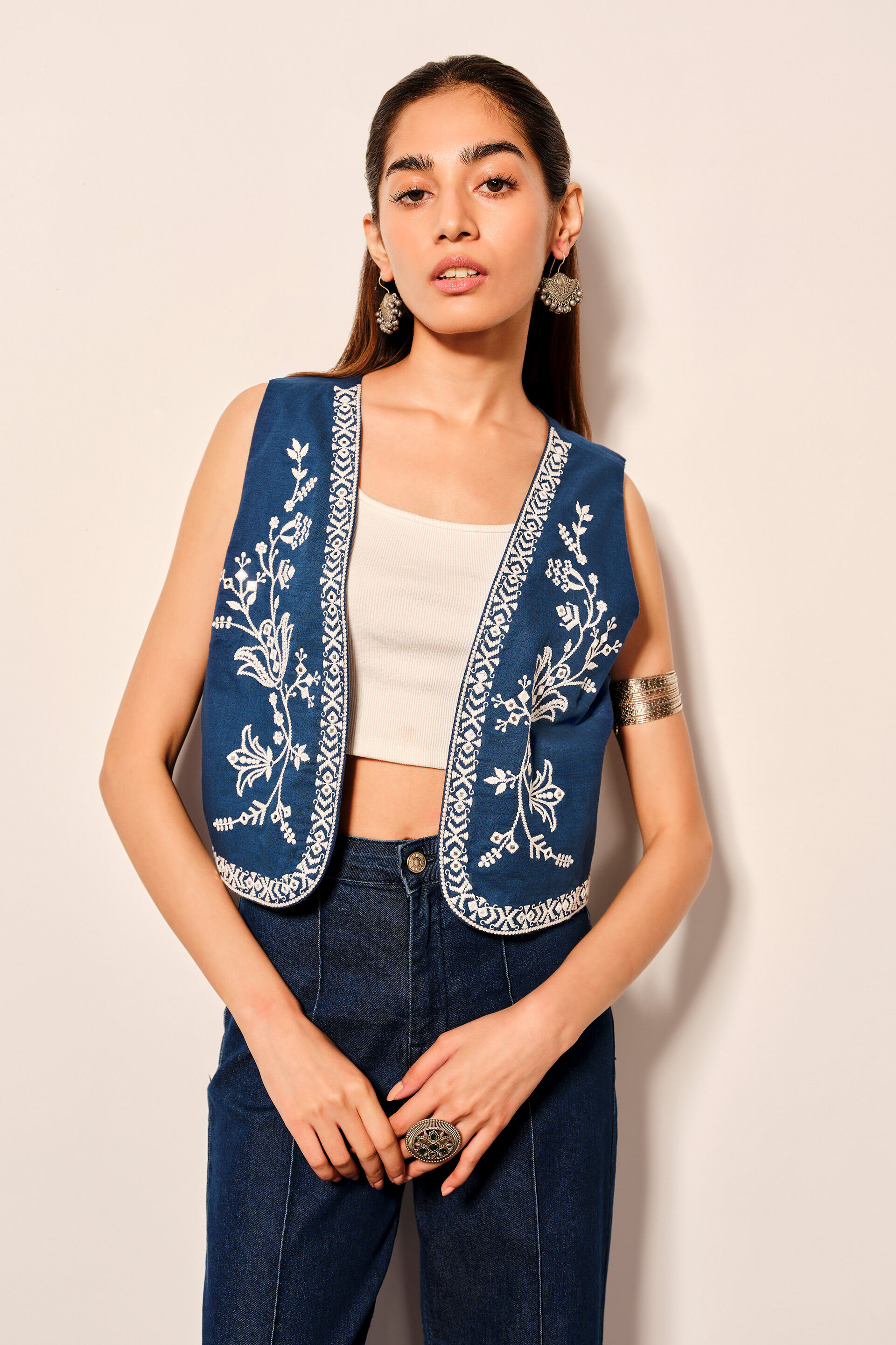 Indigo Blue Embroidered Cotton Vest, Navy Blue, image 8