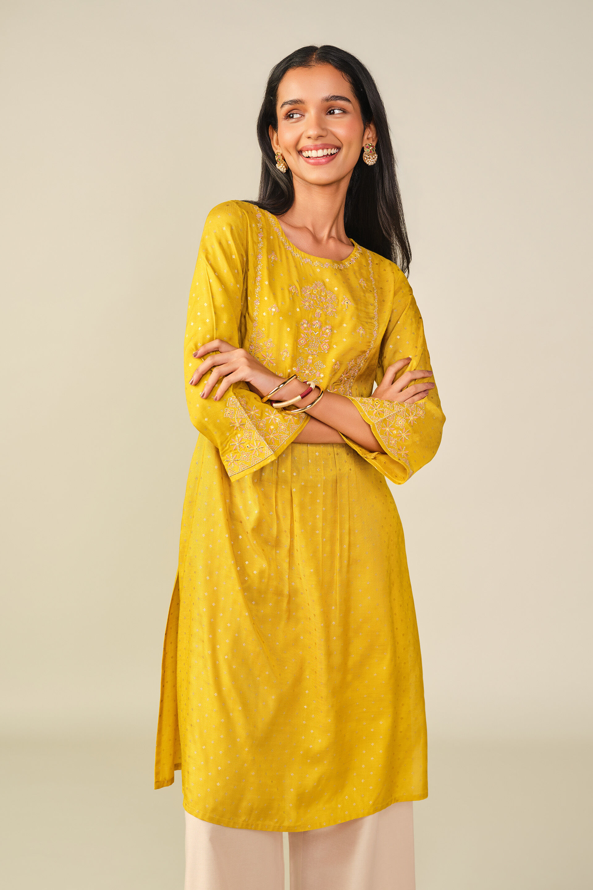 A-Line Embroidered Kurta in Mustard, Mustard, image 4