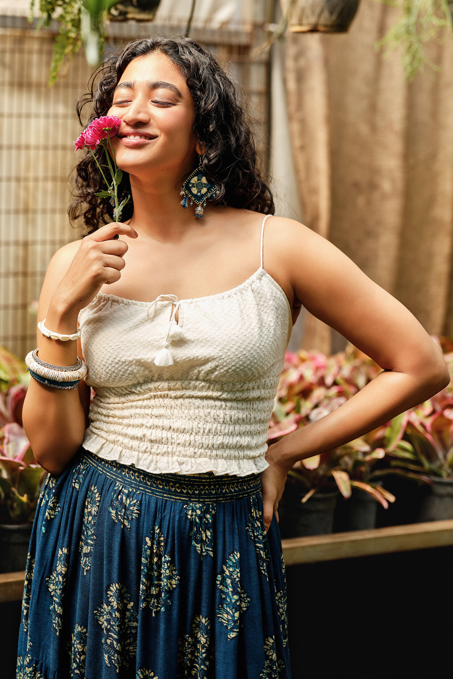 Off-White Cotton Smocked Top, Off White, image 2