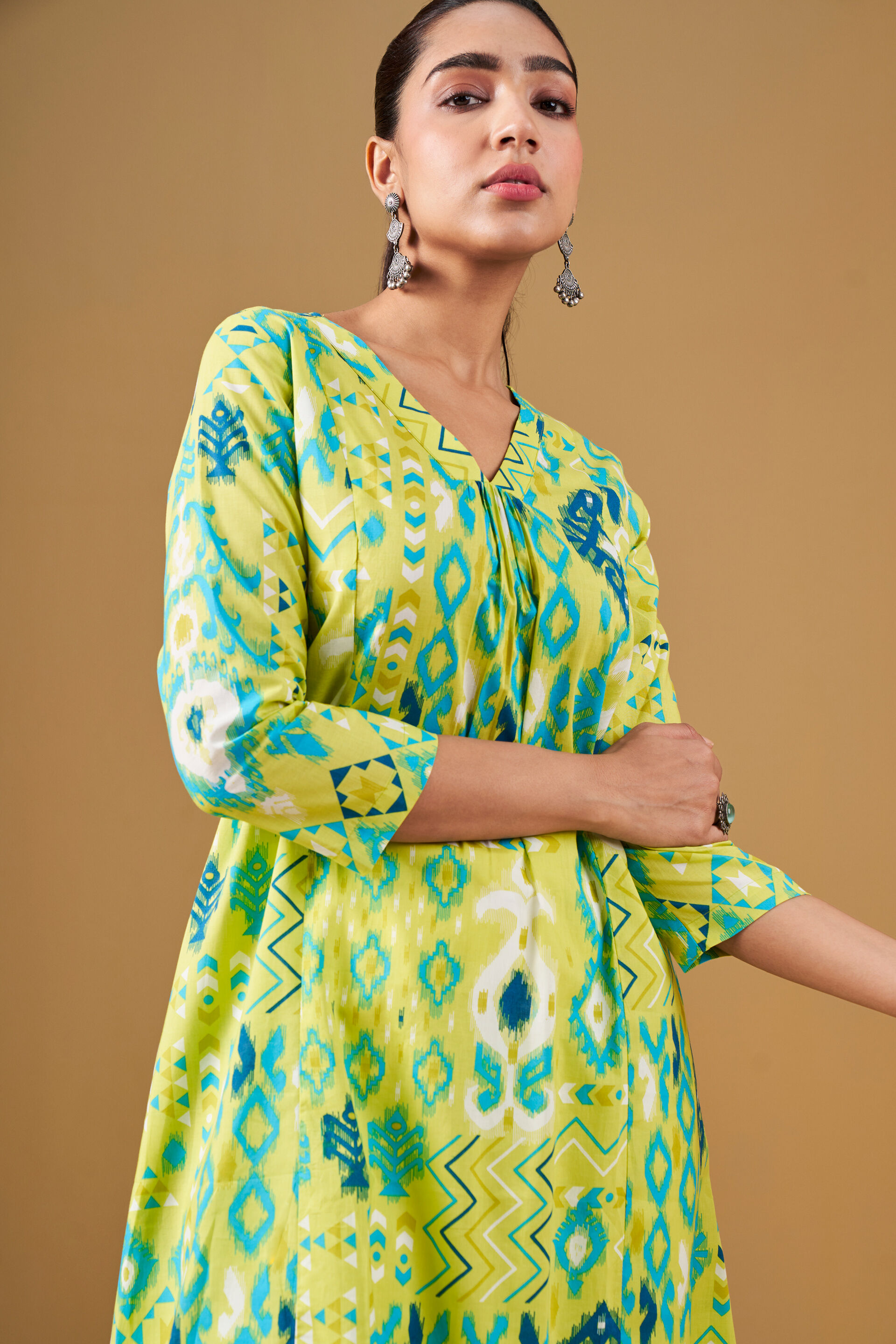 Ikat Print Lime Green Cotton Flared Kurta, Lime, image 4