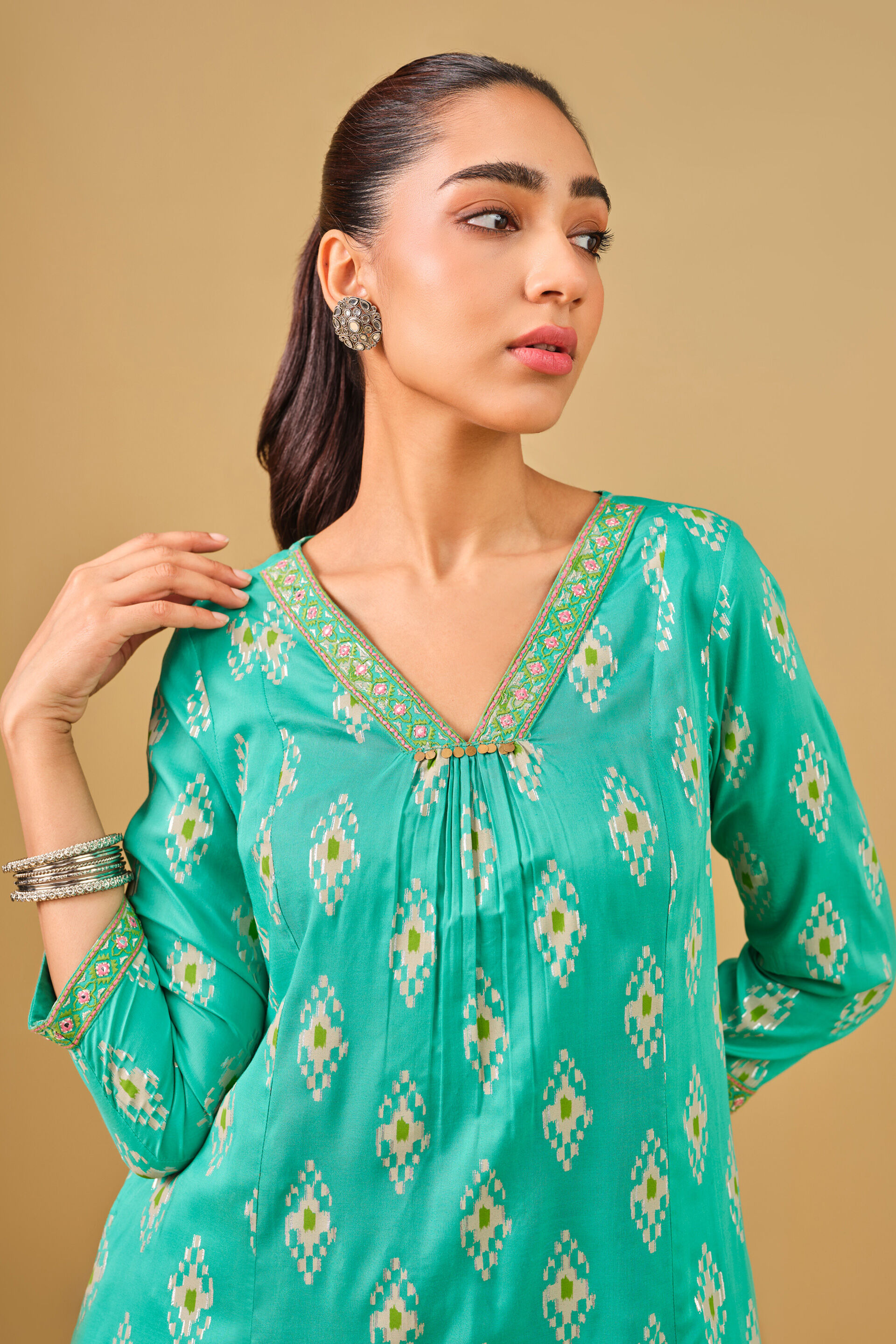 Ikat Inspired Aqua Kurta Set, Aqua, image 5