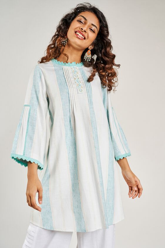 1 - Aqua Striped Embroidered Fit And Flare Dress, image 1