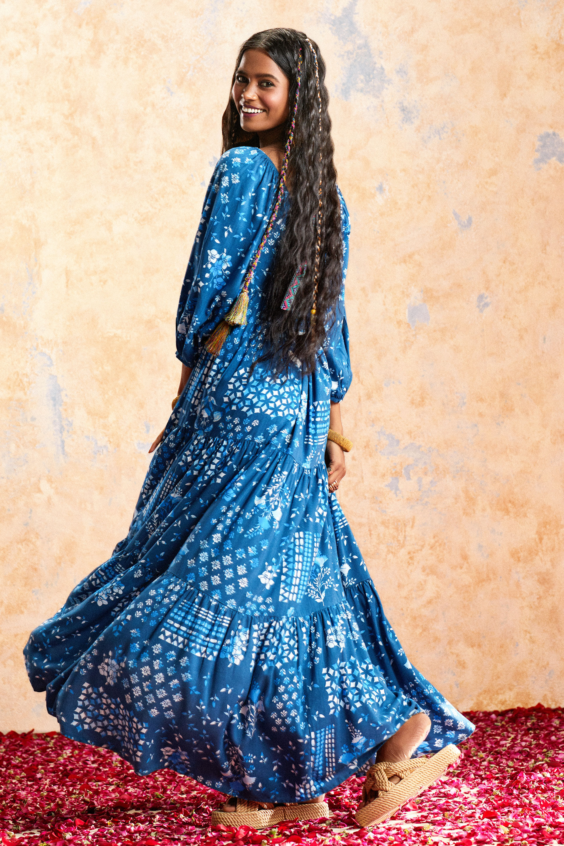 Buy Gulbahar Tiered Maxi Dress Online In India at Global Desi  FW23GA205MXRY_Indigo