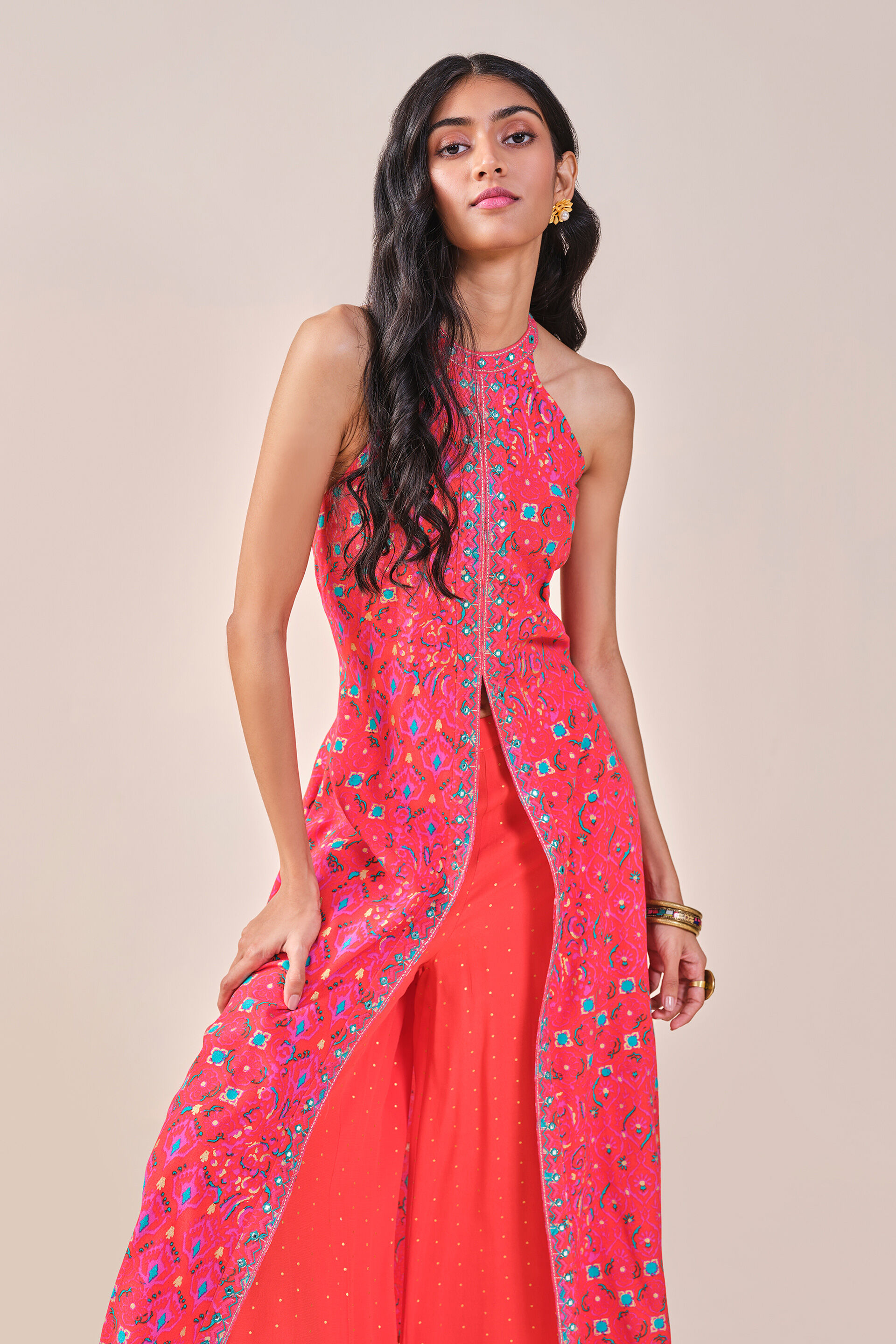 Festive Embroidered Ikat inspired Viscose Kurta set, Orange, image 8