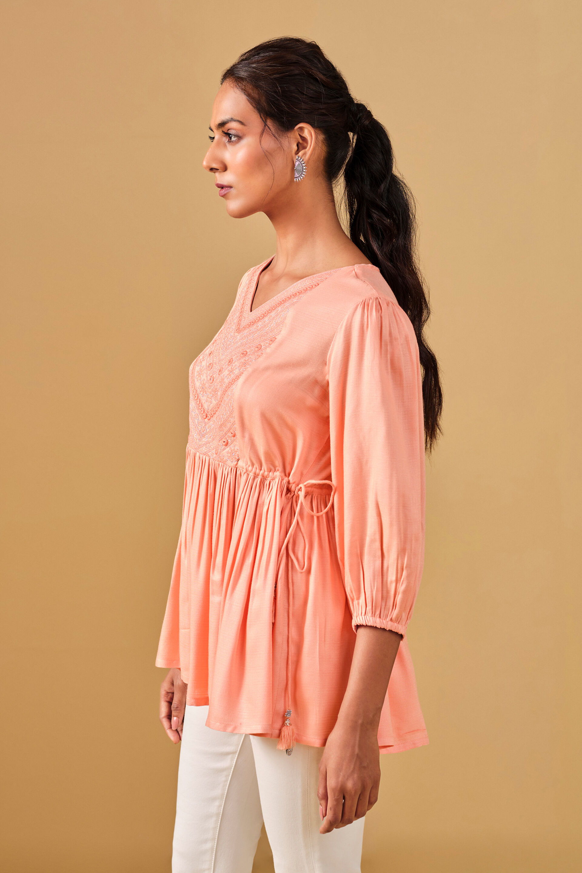 Embroidered Cotton Peach Top, Peach, image 5