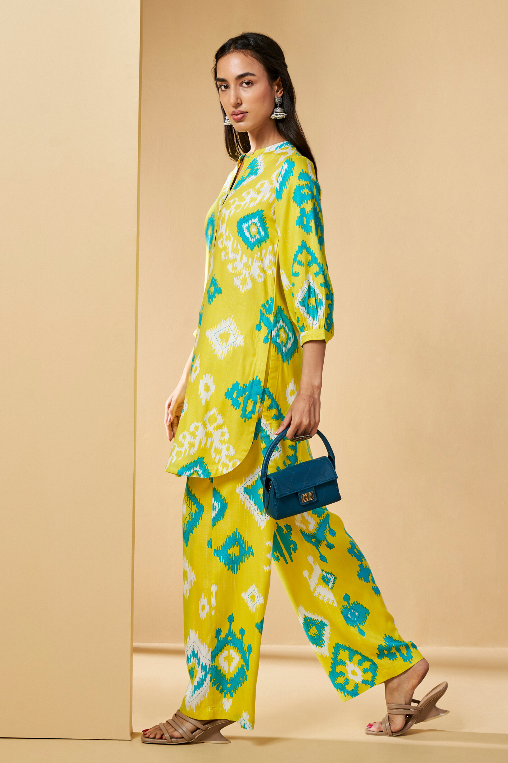 Ikat Inspired Kurta Set, Lime, image 4