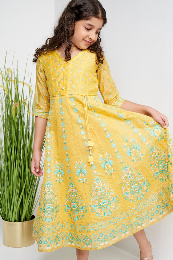 Yellow Khadi Print Straight Gown, Yellow, image 1