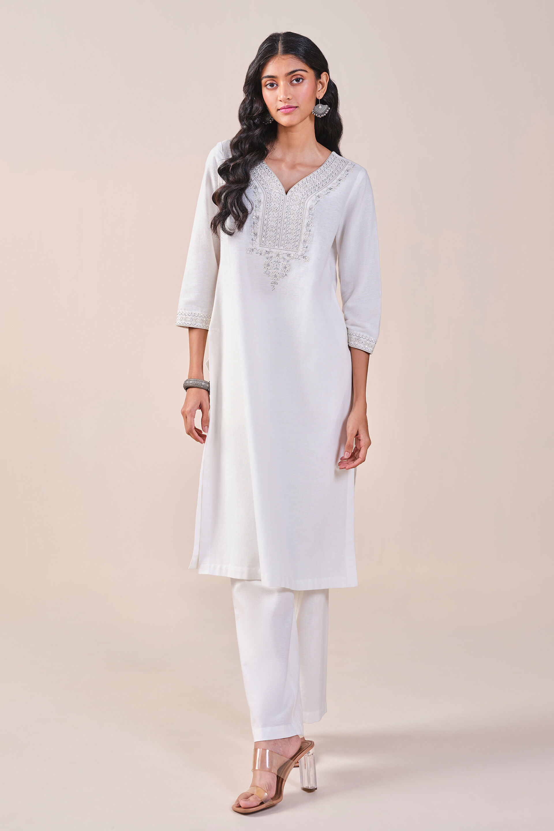 Elegant White Embroidered Kurta, White, image 2