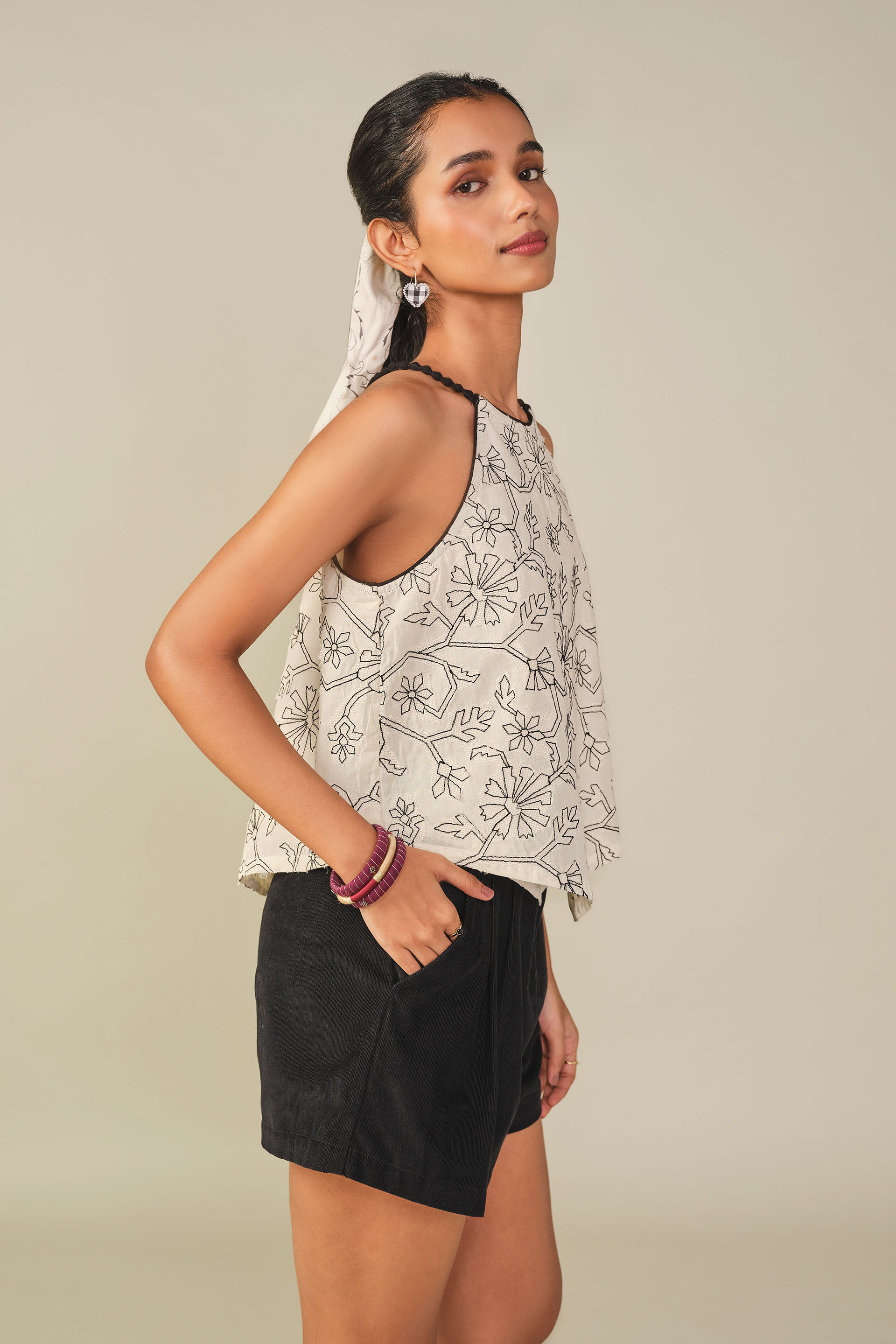 Embroidered Cotton Scarf Top in Off White, Off White, image 5