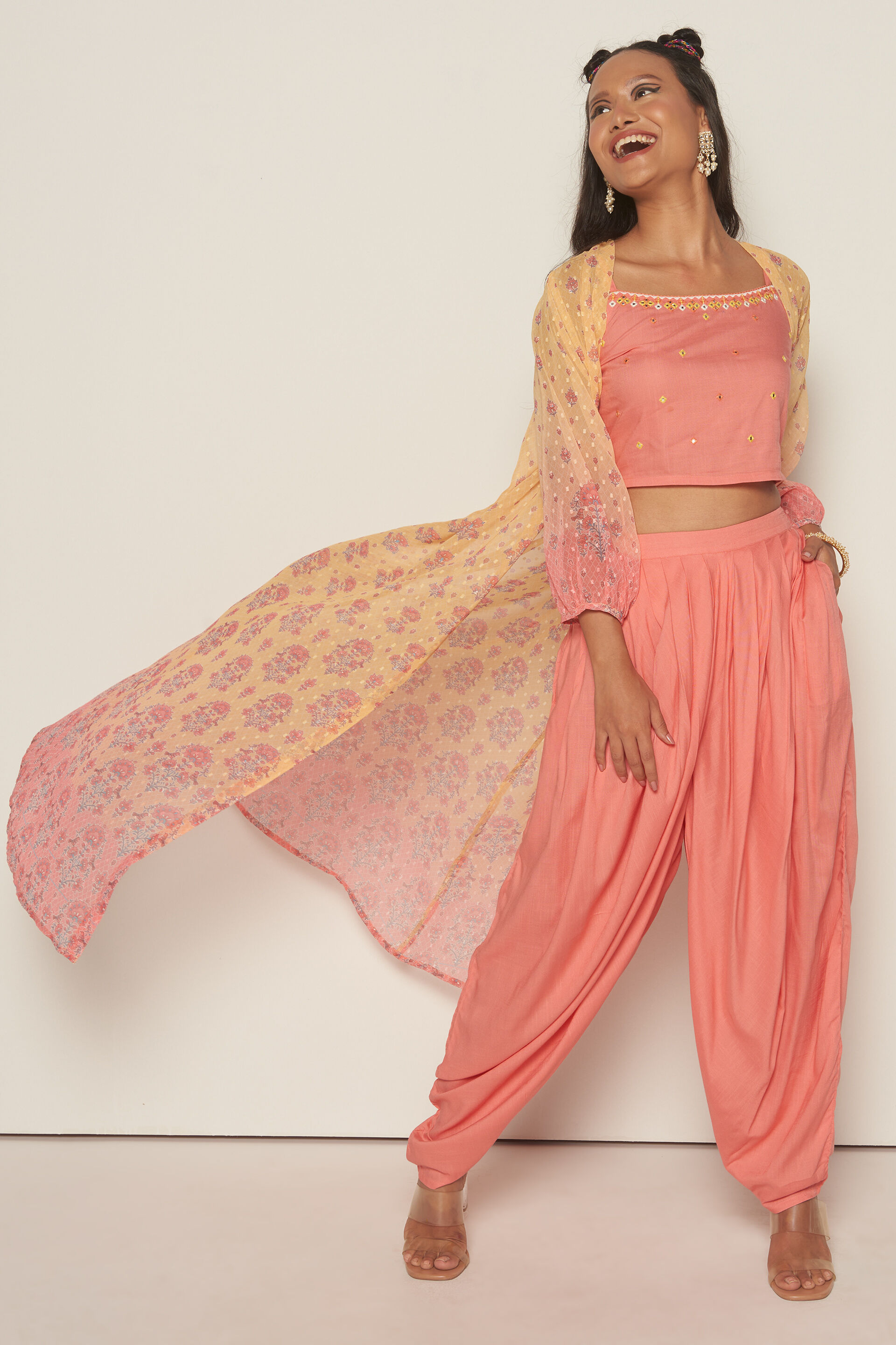 Buy Beige Round Embellished Top Dhoti Pant Set For Women by Nikasha Online  at Aza Fashions.