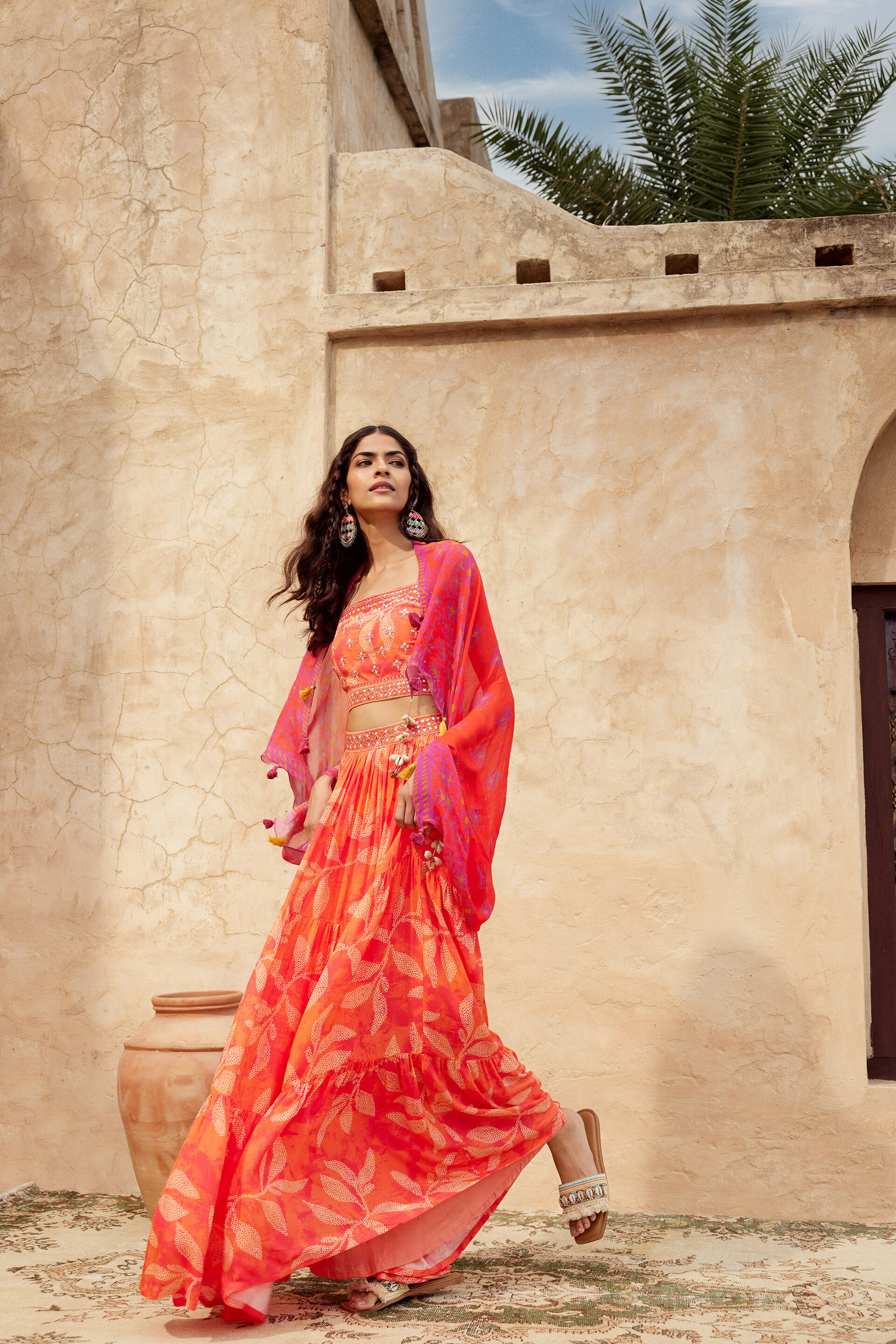 Leafy Print Skirt Set, Coral, image 2