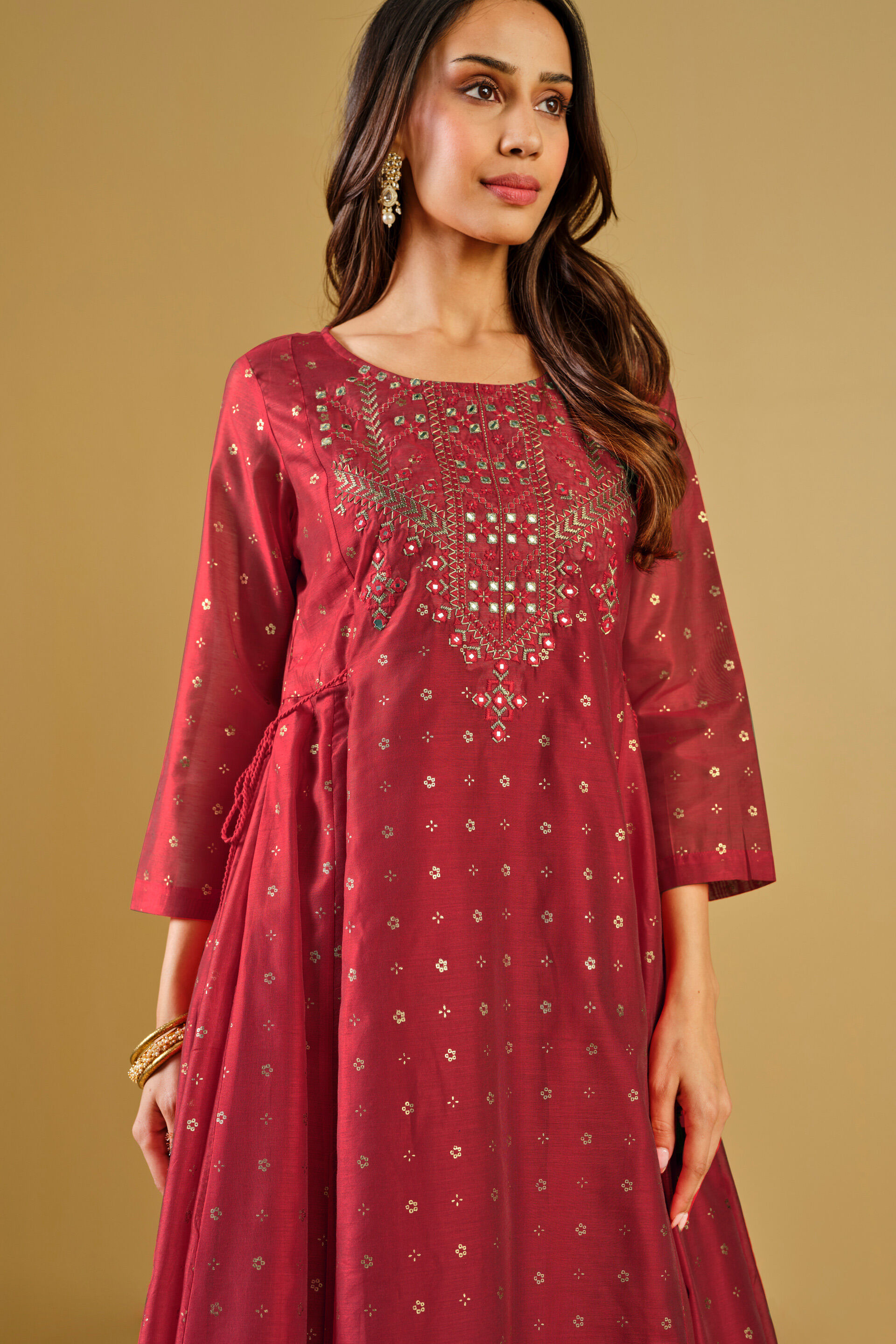 Red Viscose Blend Flared Kurta, Red, image 7