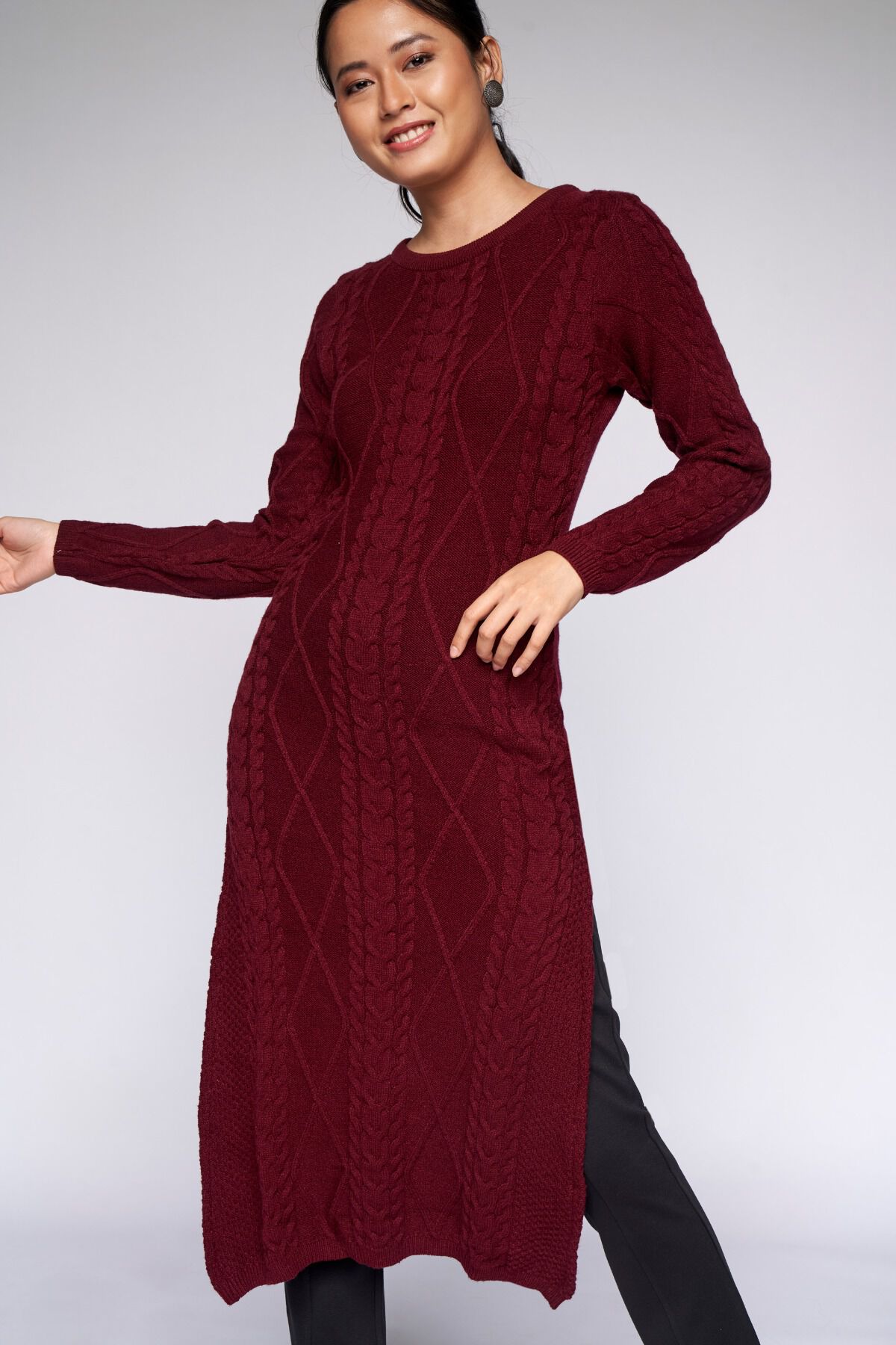 Maroon Self Design Straight Kurta 