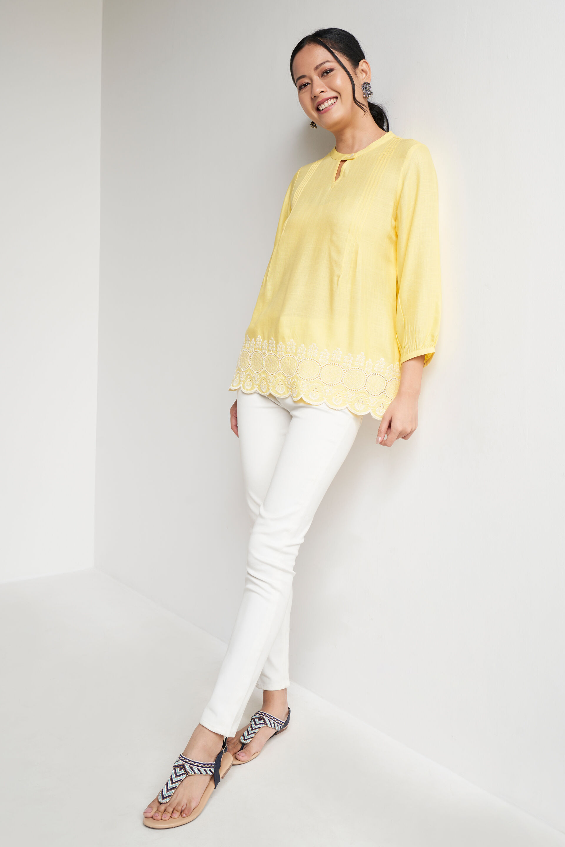 Yellow Solid Gathered Straight Top, Yellow, image 2