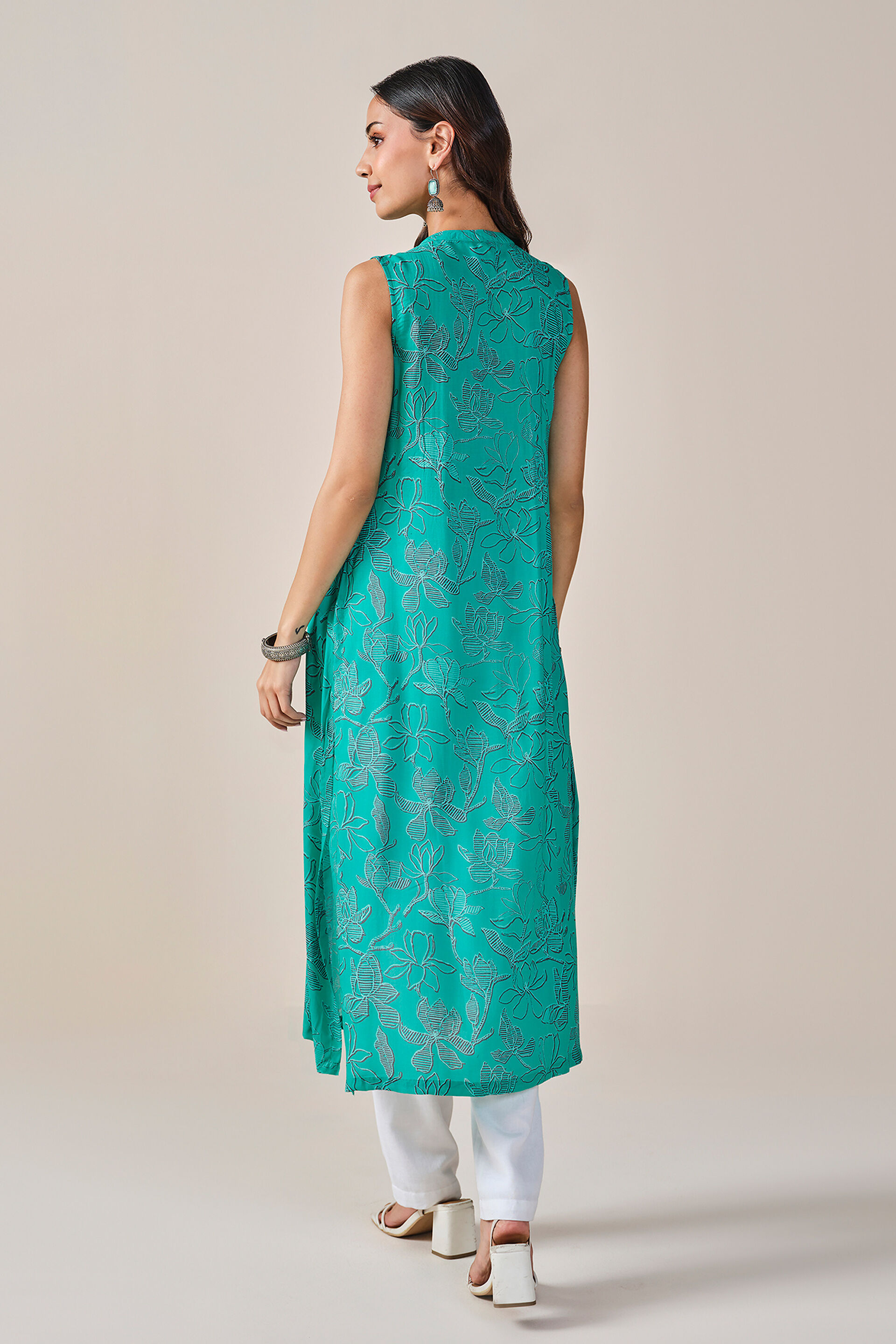 Floral Print Viscose Kurta, Mint, image 5