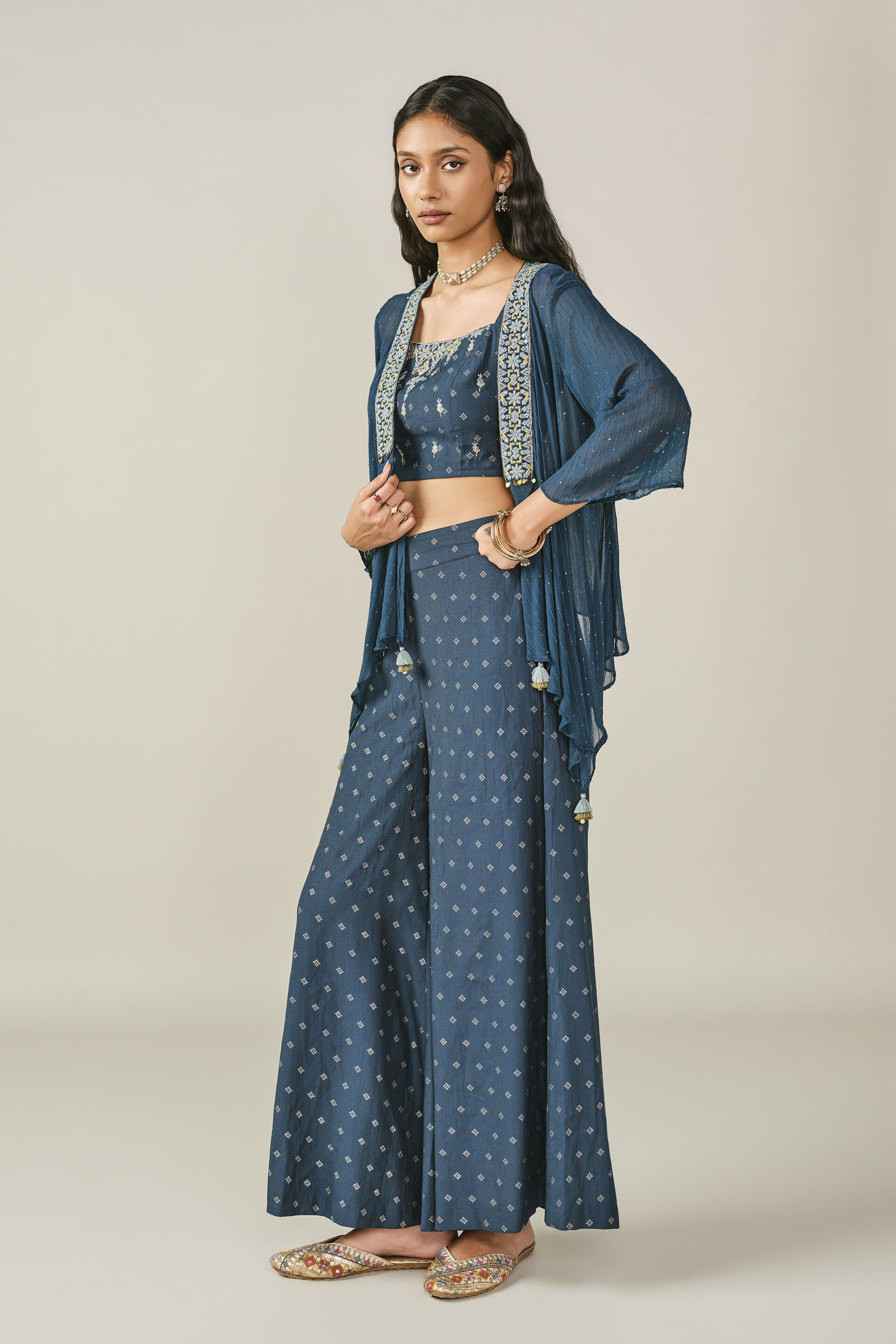 Embroidered Shrug Set in Teal, Teal, image 4