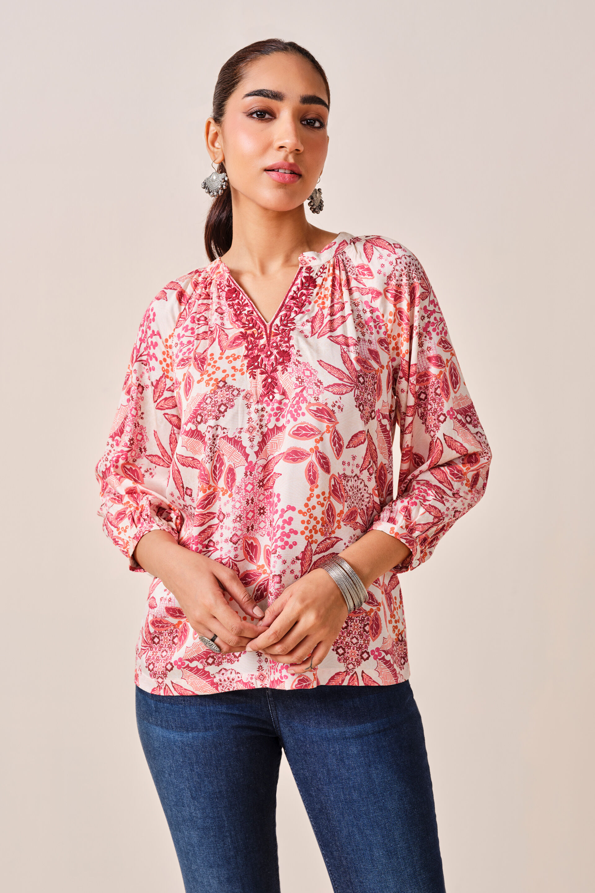Coral Floral Print Viscose Top, Coral, image 6