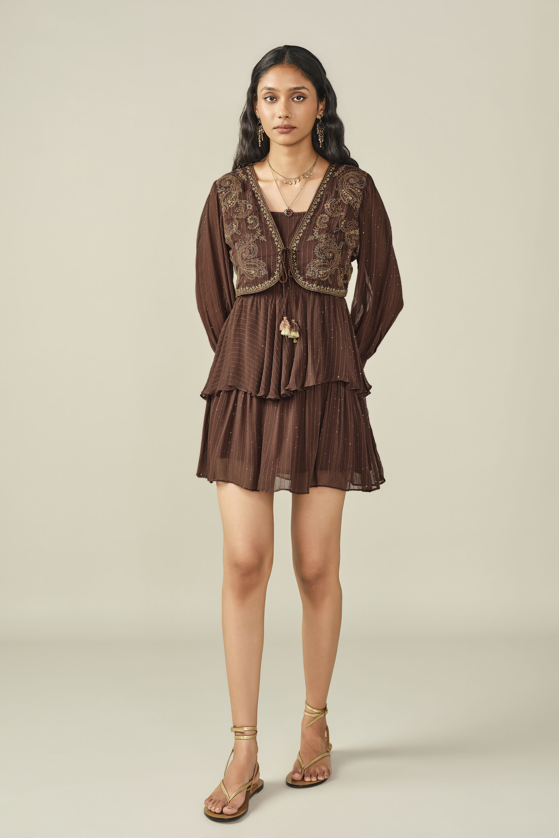 Embroidered Dress with Shrug in Brown, Brown, image 2