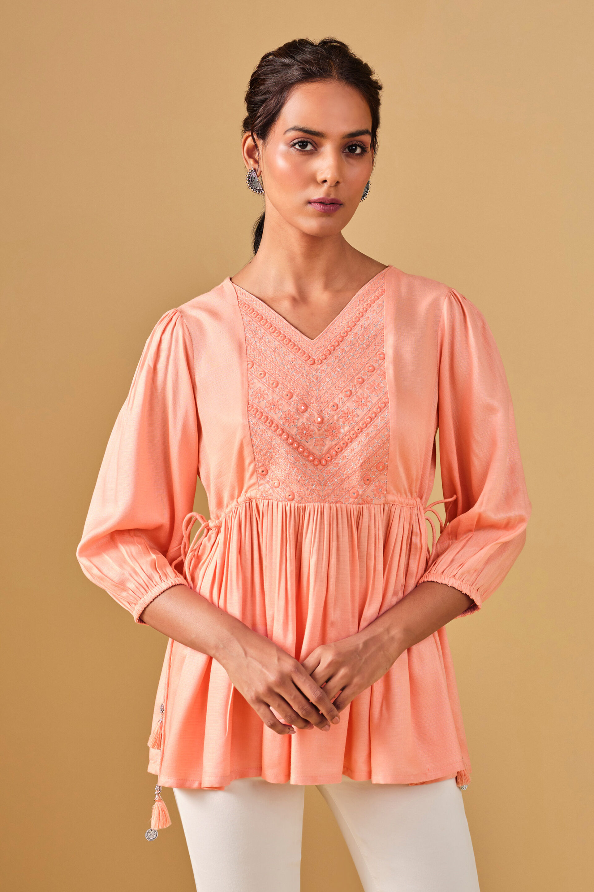 Embroidered Cotton Peach Top, Peach, image 2